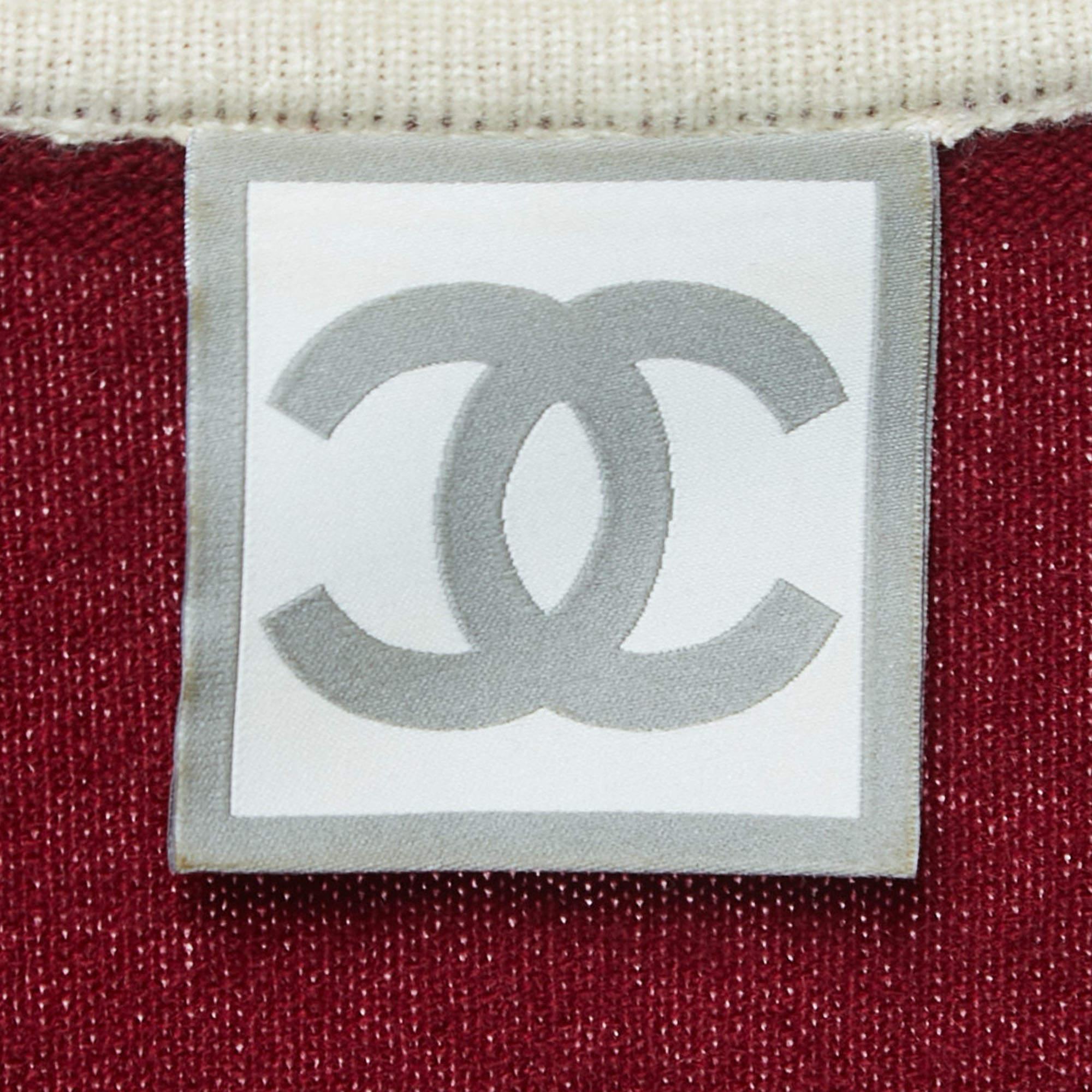 Red Chanel Sports Ivory/Burgundy Cashmere V-Neck Sweater S