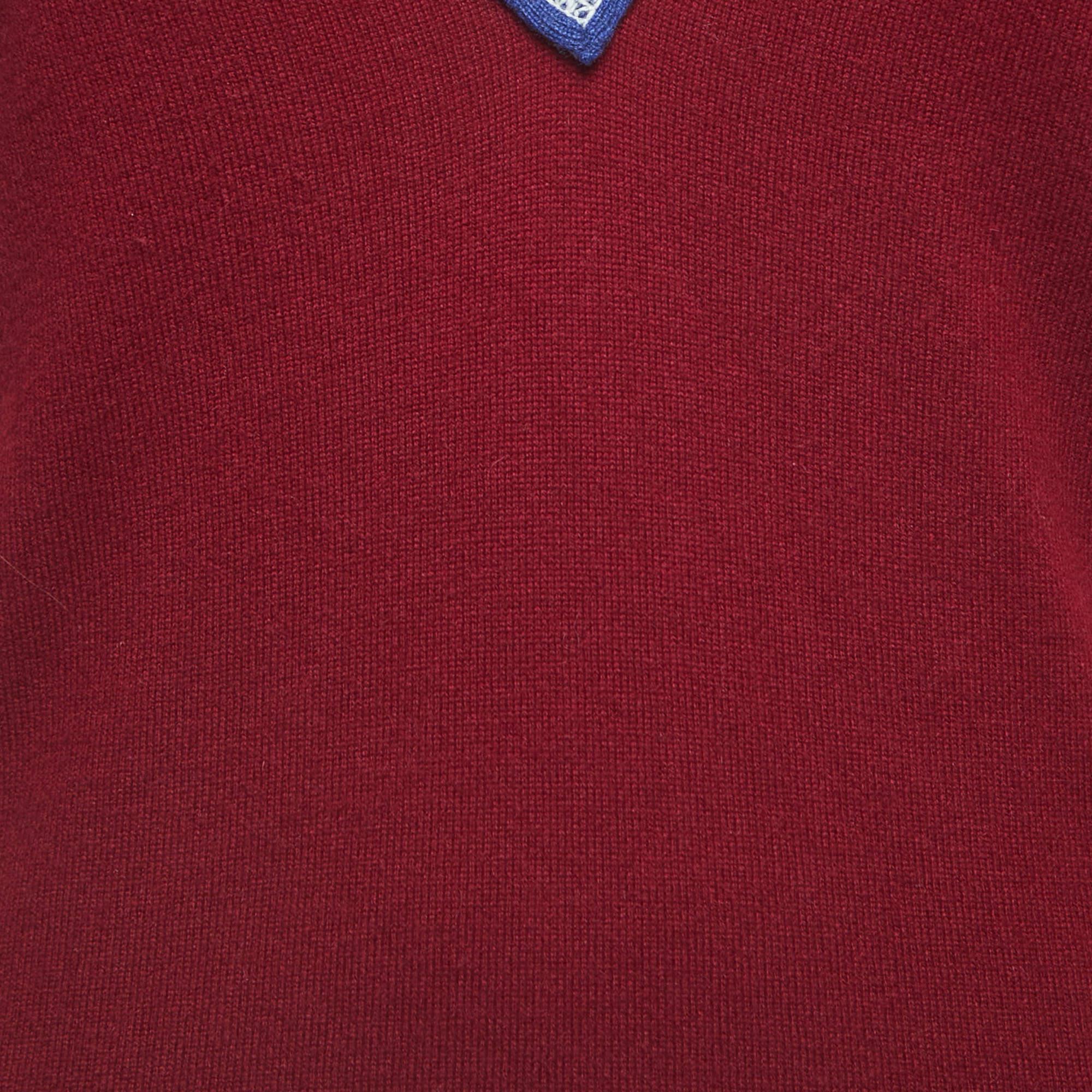 Chanel Sports Ivory/Burgundy Cashmere V-Neck Sweater S 1