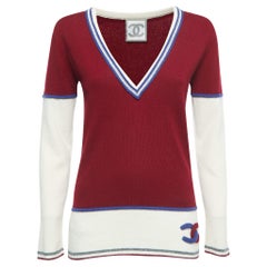Chanel Sports Ivory/Burgundy Cashmere V-Neck Sweater S