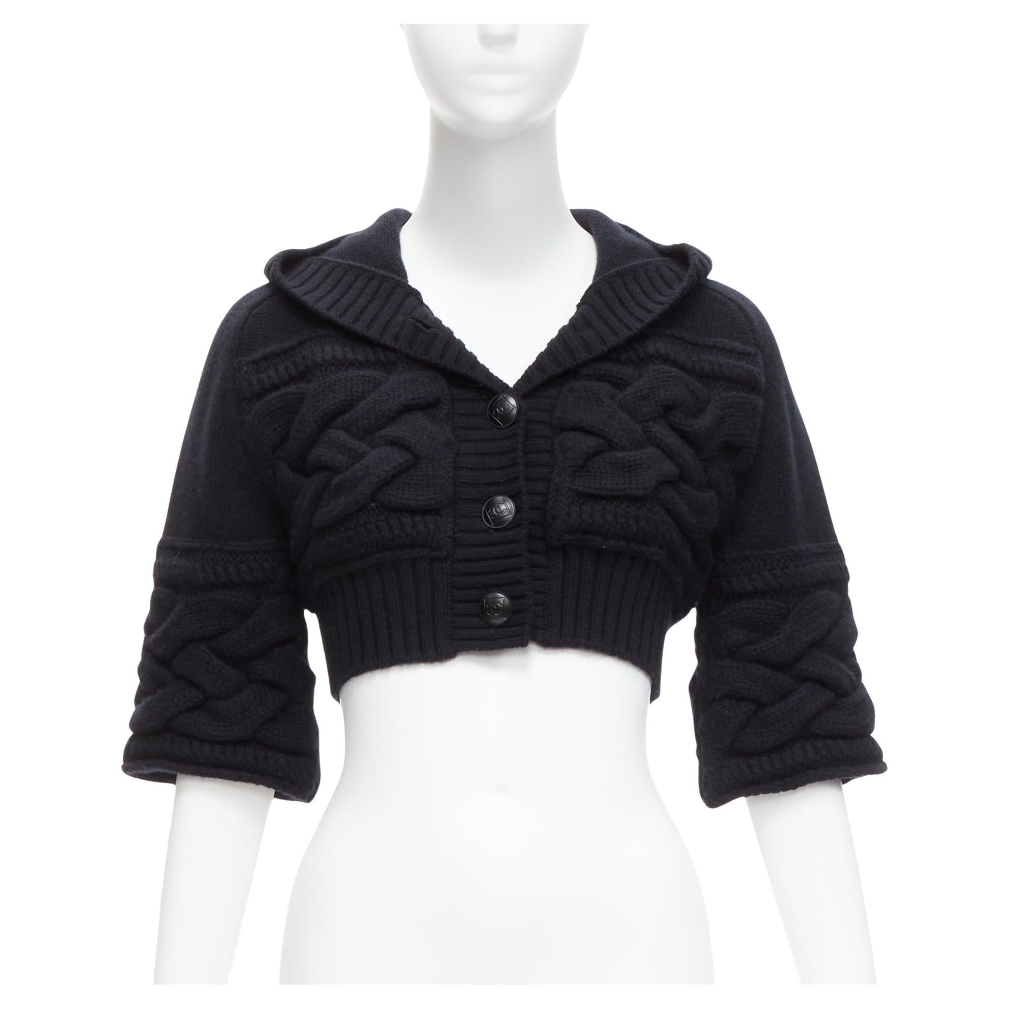 CHANEL Sports wool cashmere CC button hooded bell sleeve cropped cardigan FR38 M