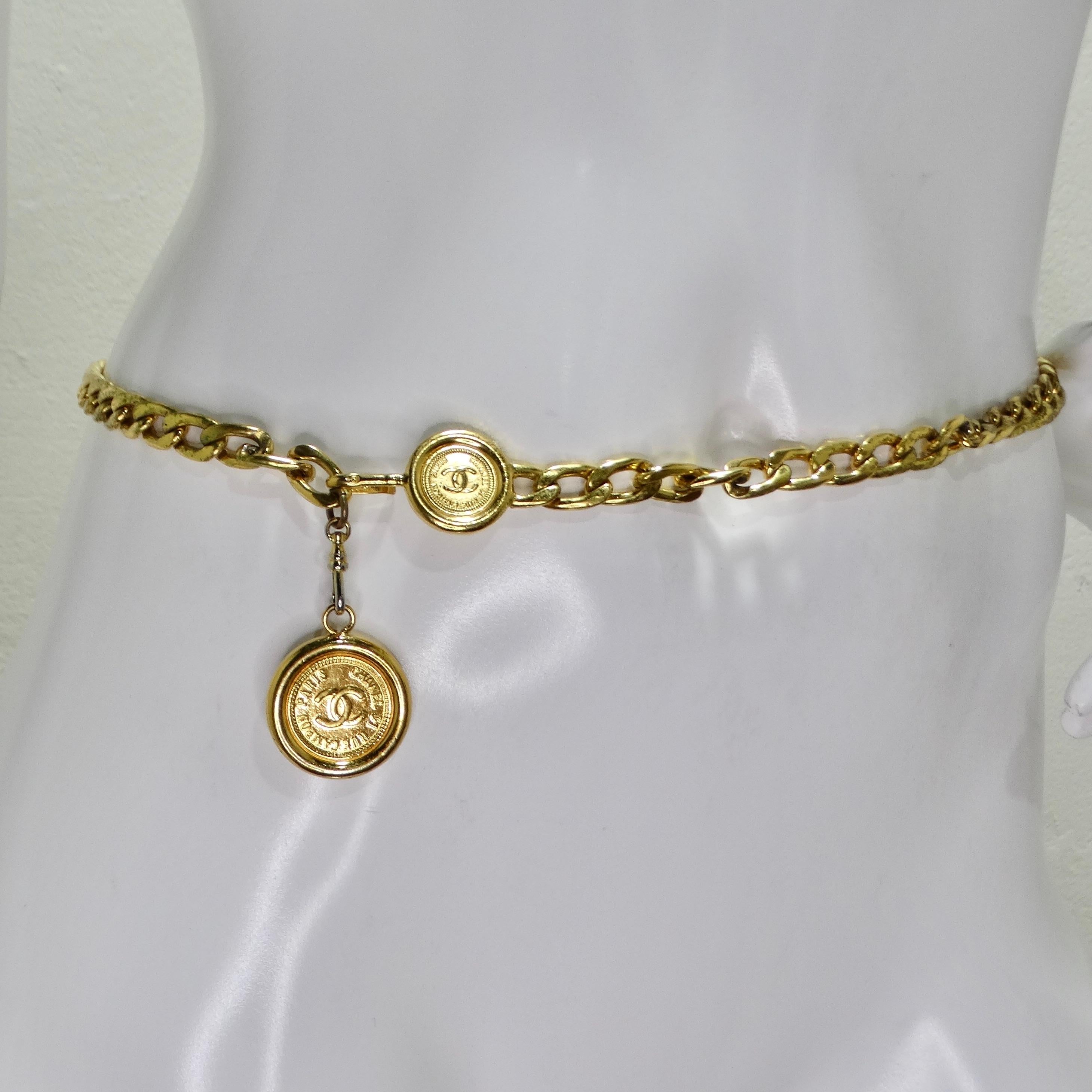 Introducing the iconic Chanel Spring 1994 Gold Tone CC Medallion Chain Belt, a vintage treasure that exudes timeless elegance and sophistication. Crafted from yellow gold-plated chain, this belt features Chanel's signature interlocking CC logo