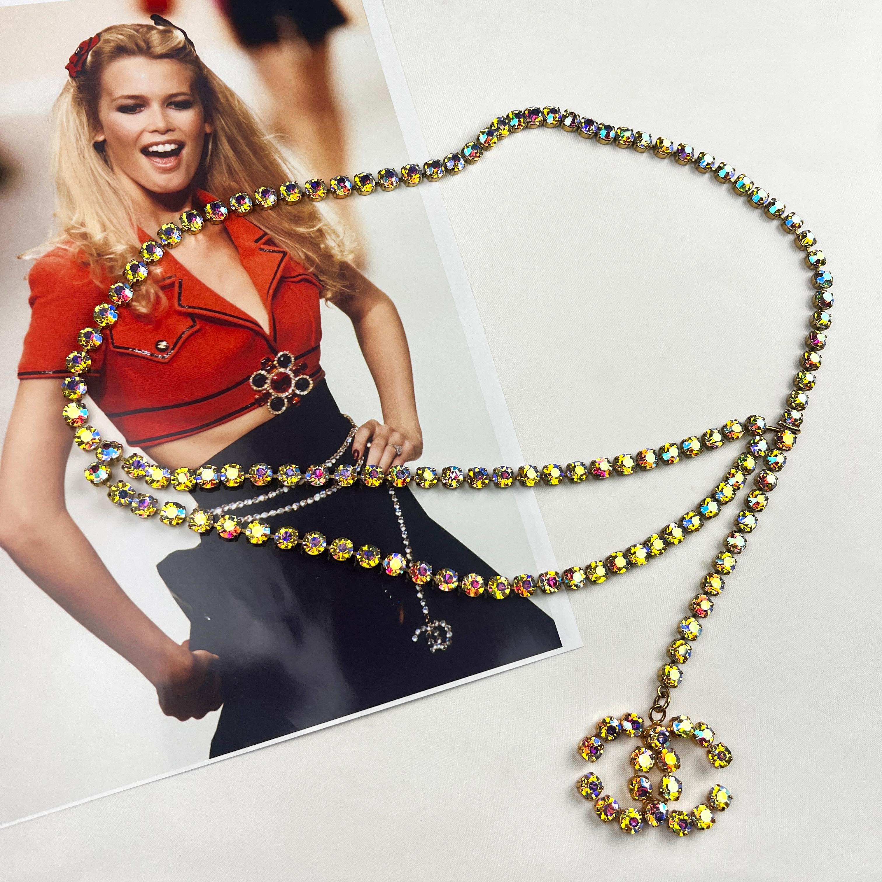 Iconic Chanel rainbow crystal belt, with CC logo pendant. From the Spring/Summer 1995 collection designed by Karl Lagerfeld, often referred to as the 'Barbie' collection. As seen on the runway and advertising campaign modelled by Claudia Schiffer.