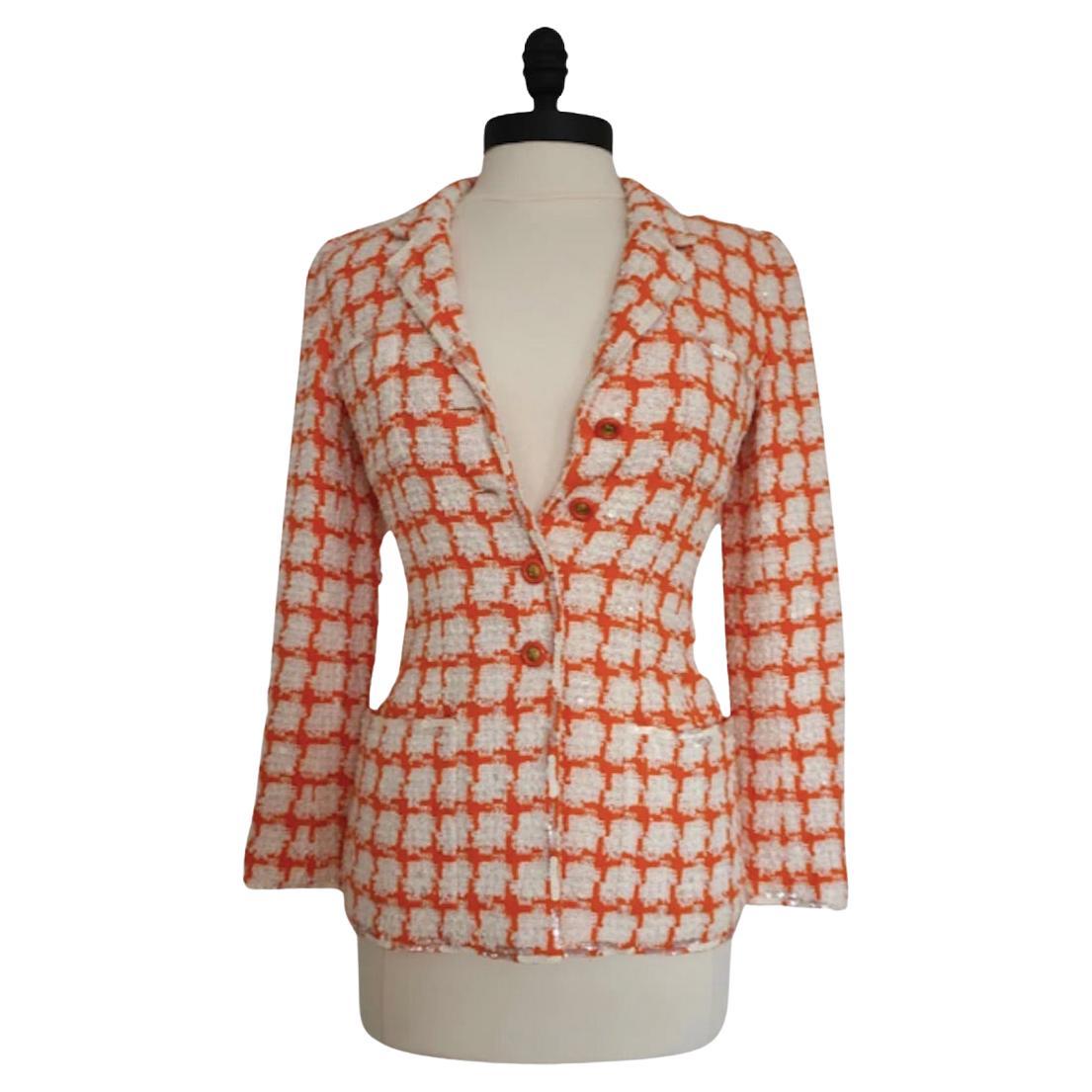 Chanel Spring 1995 Orange and White Sequined Tweed Jacket (Runway) For Sale