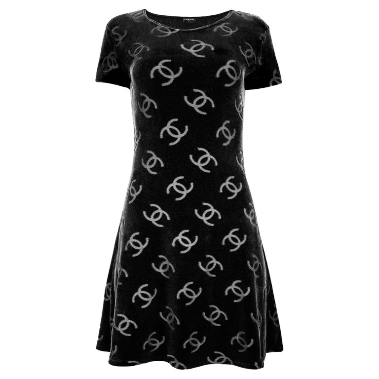 Chanel Spring 1996 Black Velour Logo Mini Dress