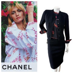 Chanel Spring 1996 Bouclé Three-Piece Suit with Typography Blouse