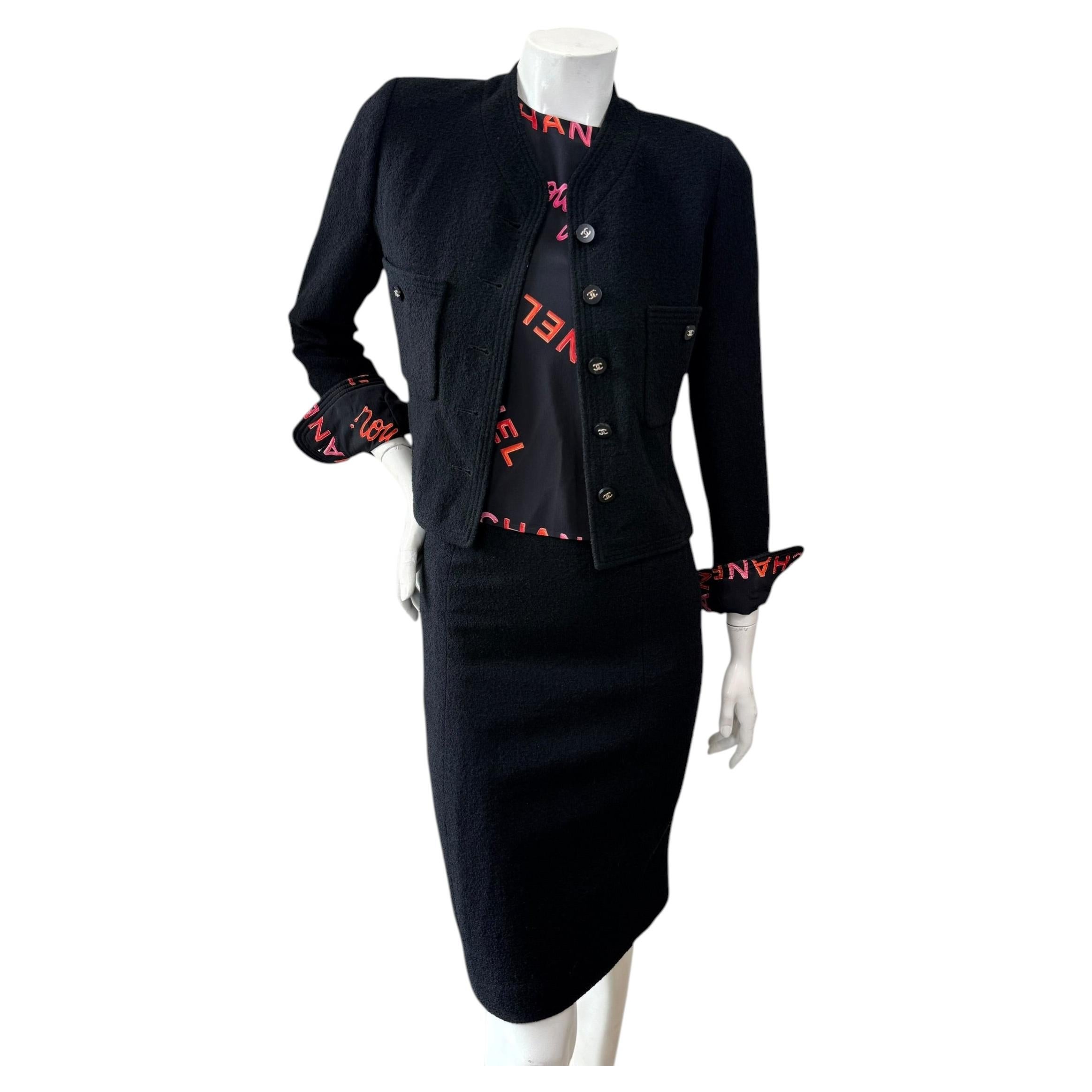 Chanel Spring 1996 Bouclé Three-Piece Suit with Typography Blouse