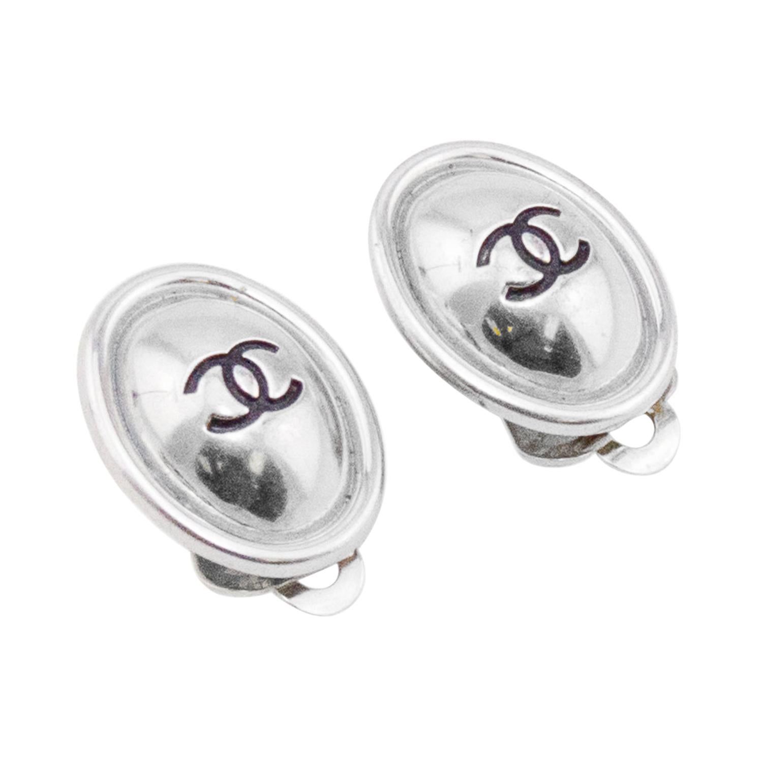Chanel Spring 1999 Silver Oval CC Logo Earrings  For Sale