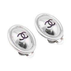 Chanel Spring 1999 Silver Oval CC Logo Earrings 