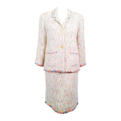 Chanel Spring 1999 White Skirt Suit With "Paint Spatter" Trim 42