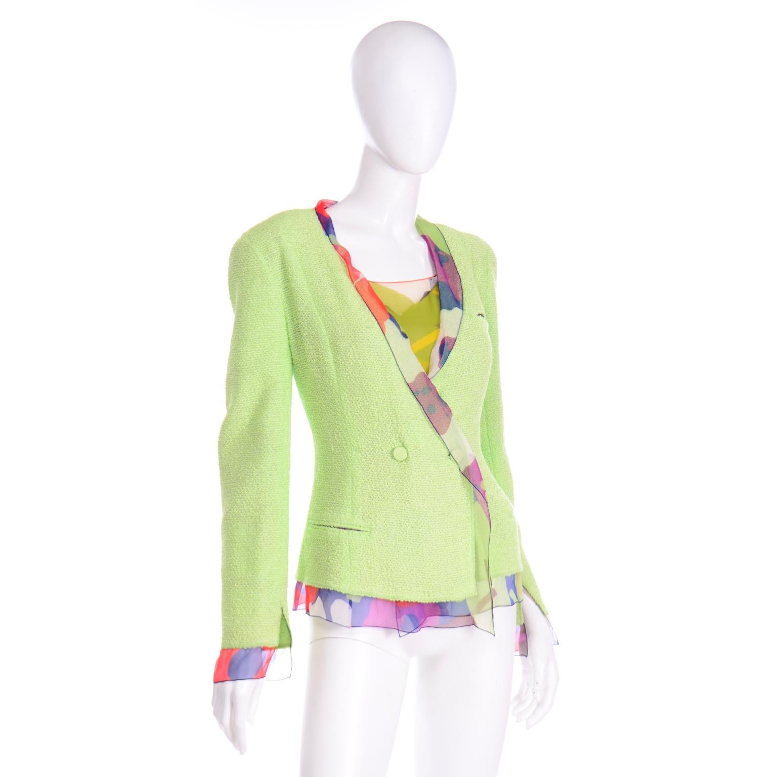 Women's Chanel Spring 2000 Green Boucle Jacket With Camellia Flower Silk CC Monogram Top