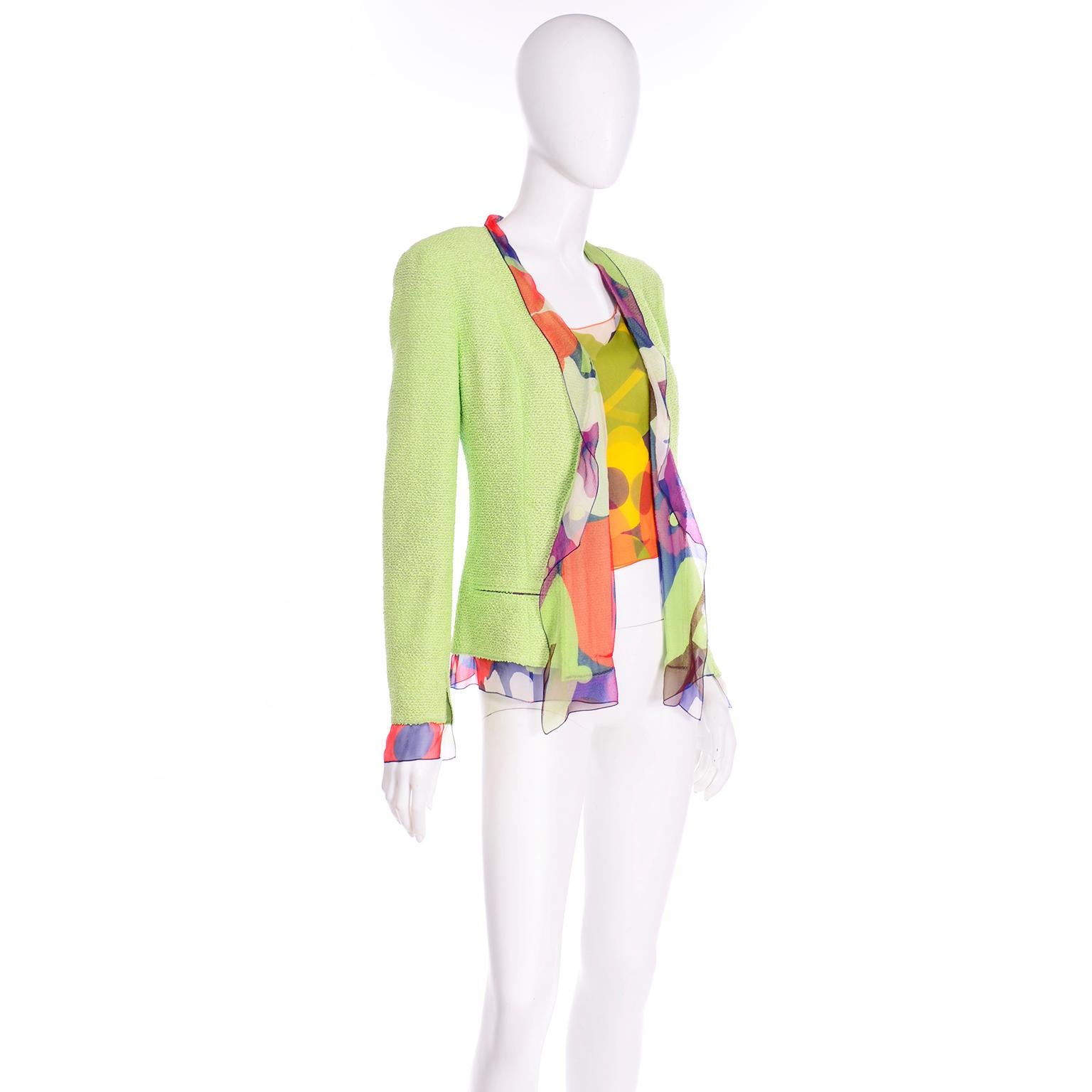 Chanel Spring 2000 Green Boucle Jacket With Camellia Flower Silk CC Monogram Top 1