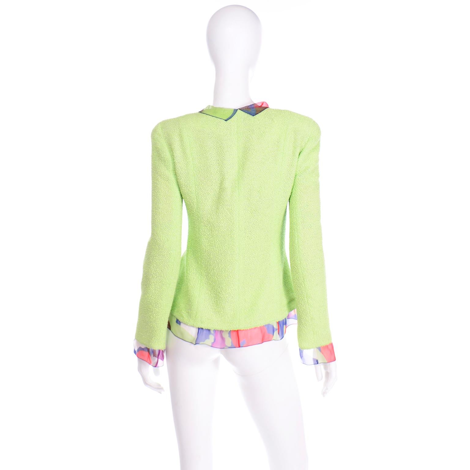 Chanel Spring 2000 Green Boucle Jacket With Camellia Flower Silk CC Monogram Top 2