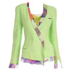 Chanel Spring 2000 Green Boucle Jacket With Camellia Flower Silk CC Monogram Top