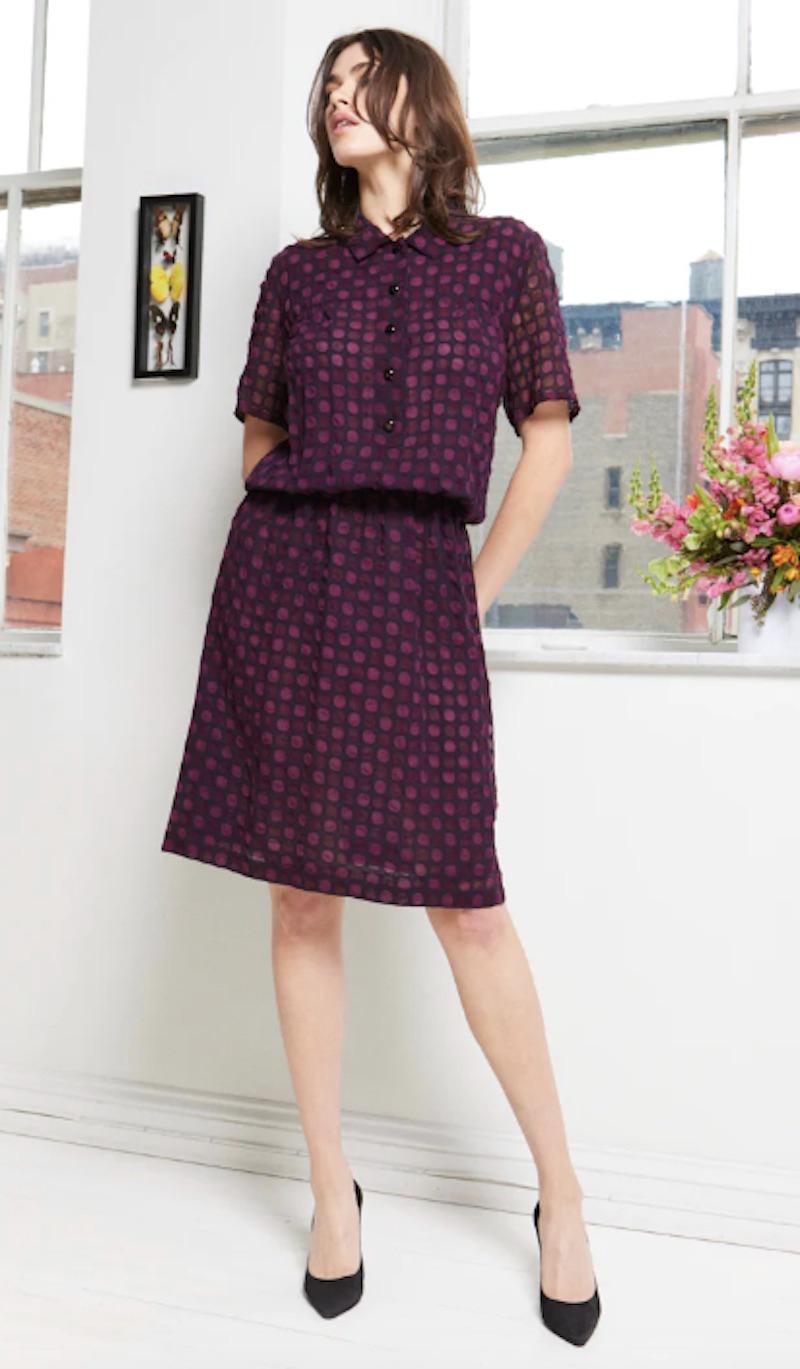 Spring 2001 Chanel Purple Printed Chiffon Dress w/ Peter Pan Collar

Shoulders 15 in
Bust 32 in
Waist 28 in
Hips 34 in
Sleeve 10 in
Length 42 in
Marked Size FR 44

Can accommodate sizes XS-M. 
Excellent Vintage Condition. Measurements taken flat.