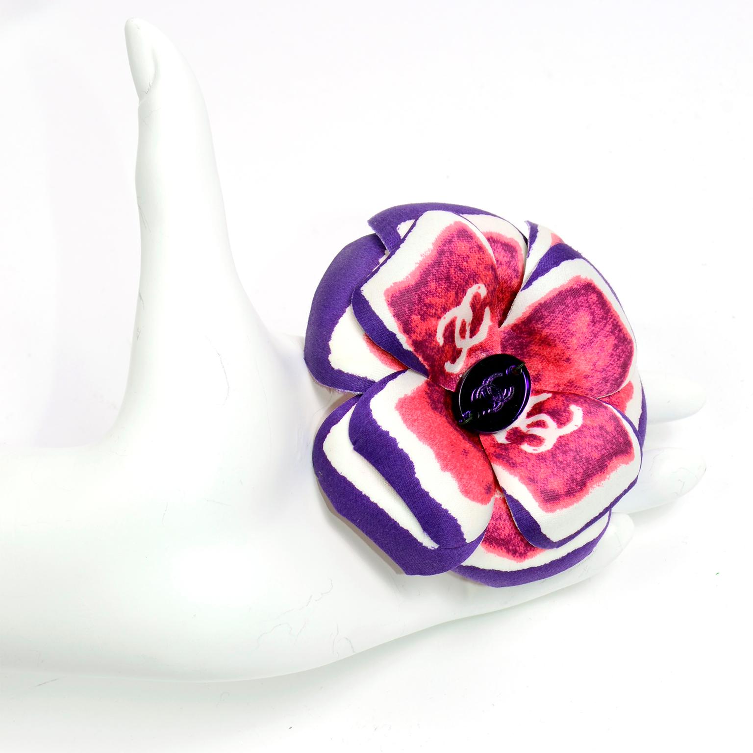 Chanel Spring 2001 Violet and Pink Camellia Flower Brooch W Tags & Original Box In New Condition In Portland, OR