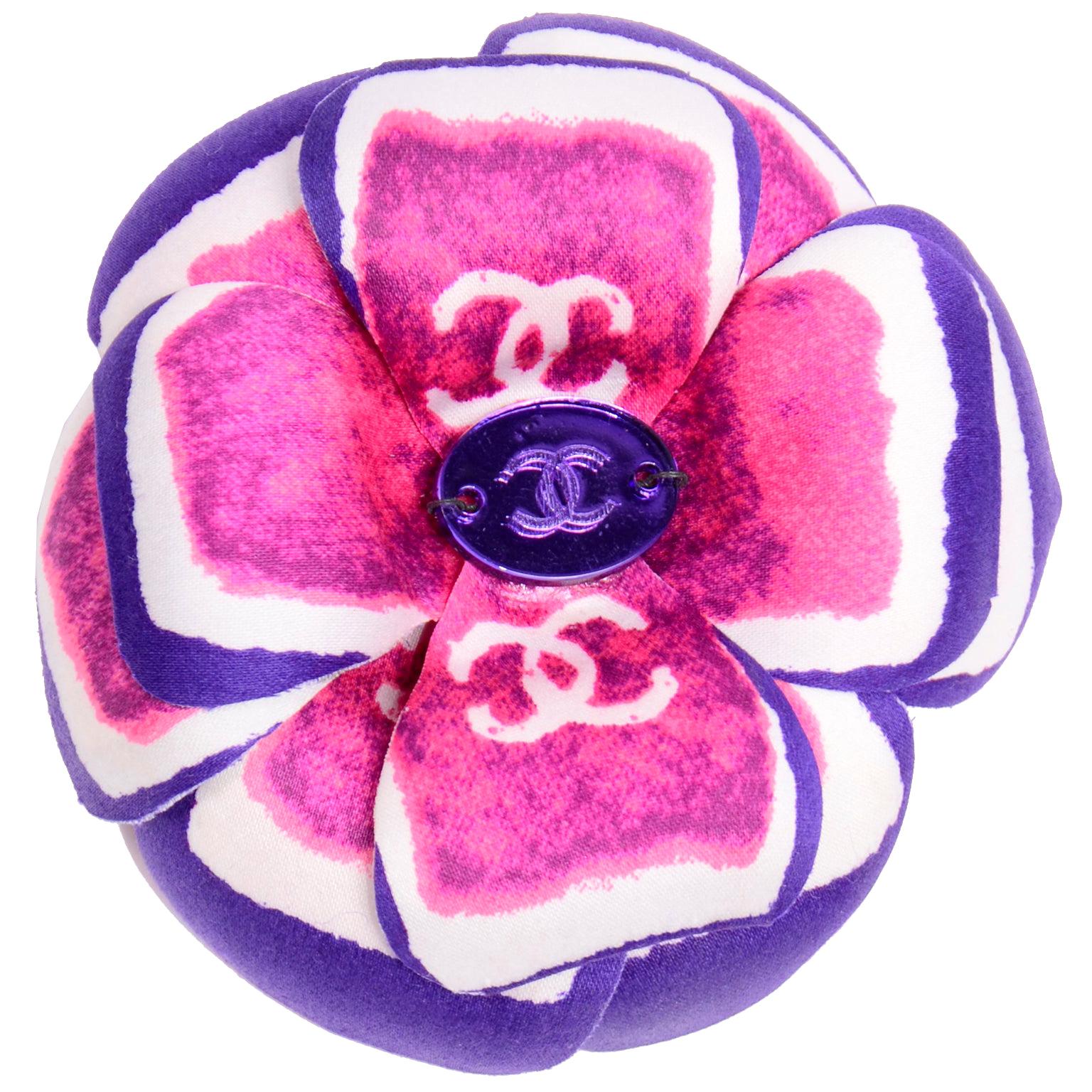 Chanel Spring 2001 Violet and Pink Camellia Flower Brooch W Tags & Original Box