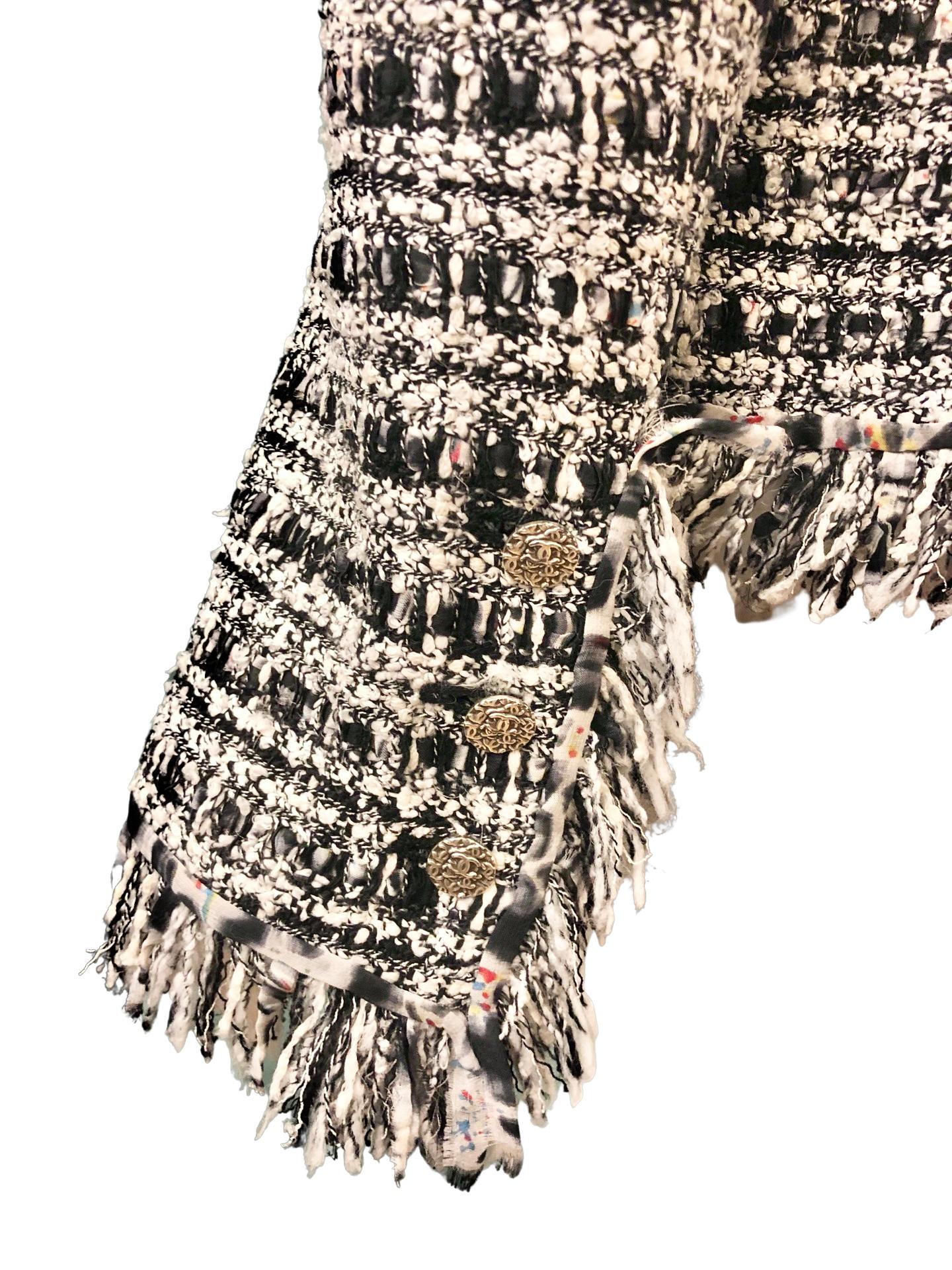 Chanel Spring 2004 Black and White Tweed Jacket with Frayed Edge Throughout For Sale 1