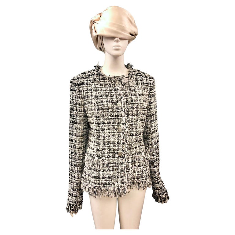 Chanel Spring 2004 Black and White Tweed Jacket with Frayed Edge Throughout  For Sale
