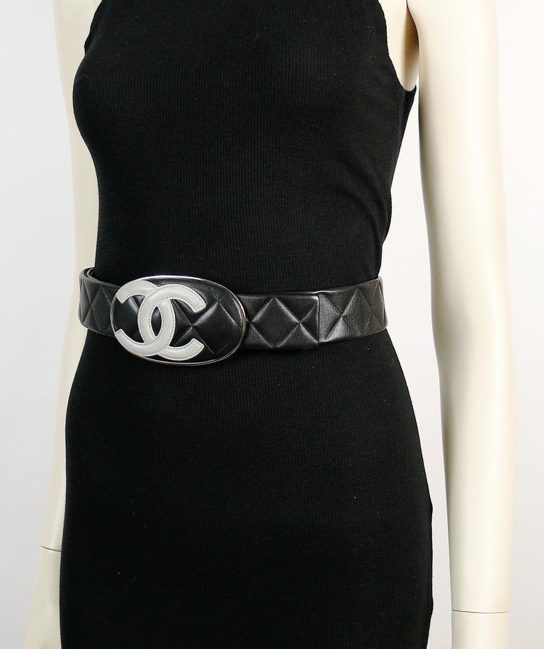 Chanel Spring 2005 Black and Grey Cambon CC Logo Quilted Leather Wide Belt  at 1stDibs