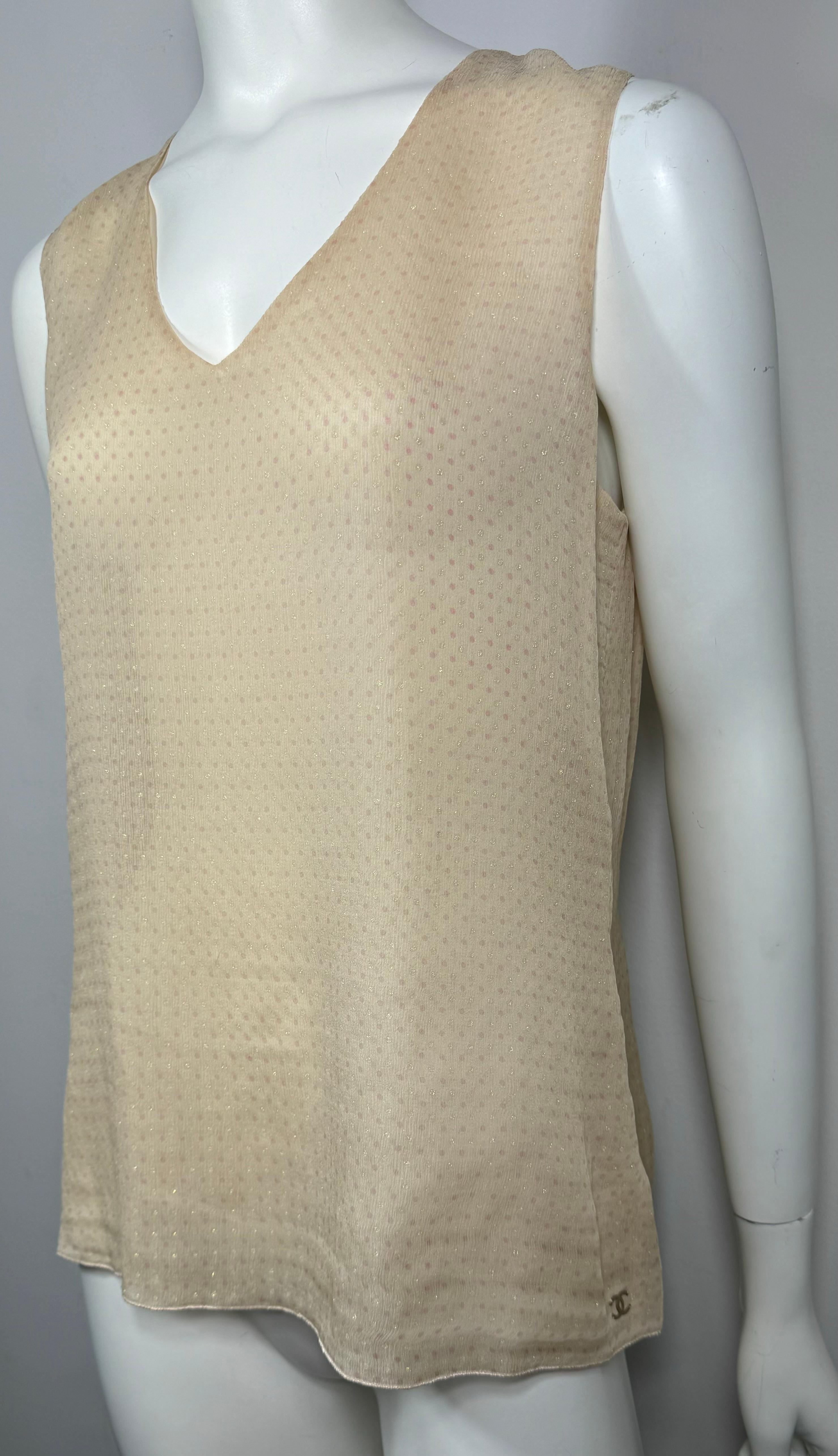 Beige Chanel Spring 2005 Cream Pink and Gold Sleeveless Silk Top-Size 42 For Sale