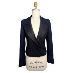 Chanel Spring 2005 Runway Black Bouclé Cropped Tuxedo Jacket FR 36
