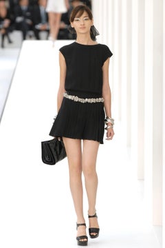 Chanel Spring 2007 Midnight Blue Crepe Chiffon Pleated Drop Waist Mini Dress