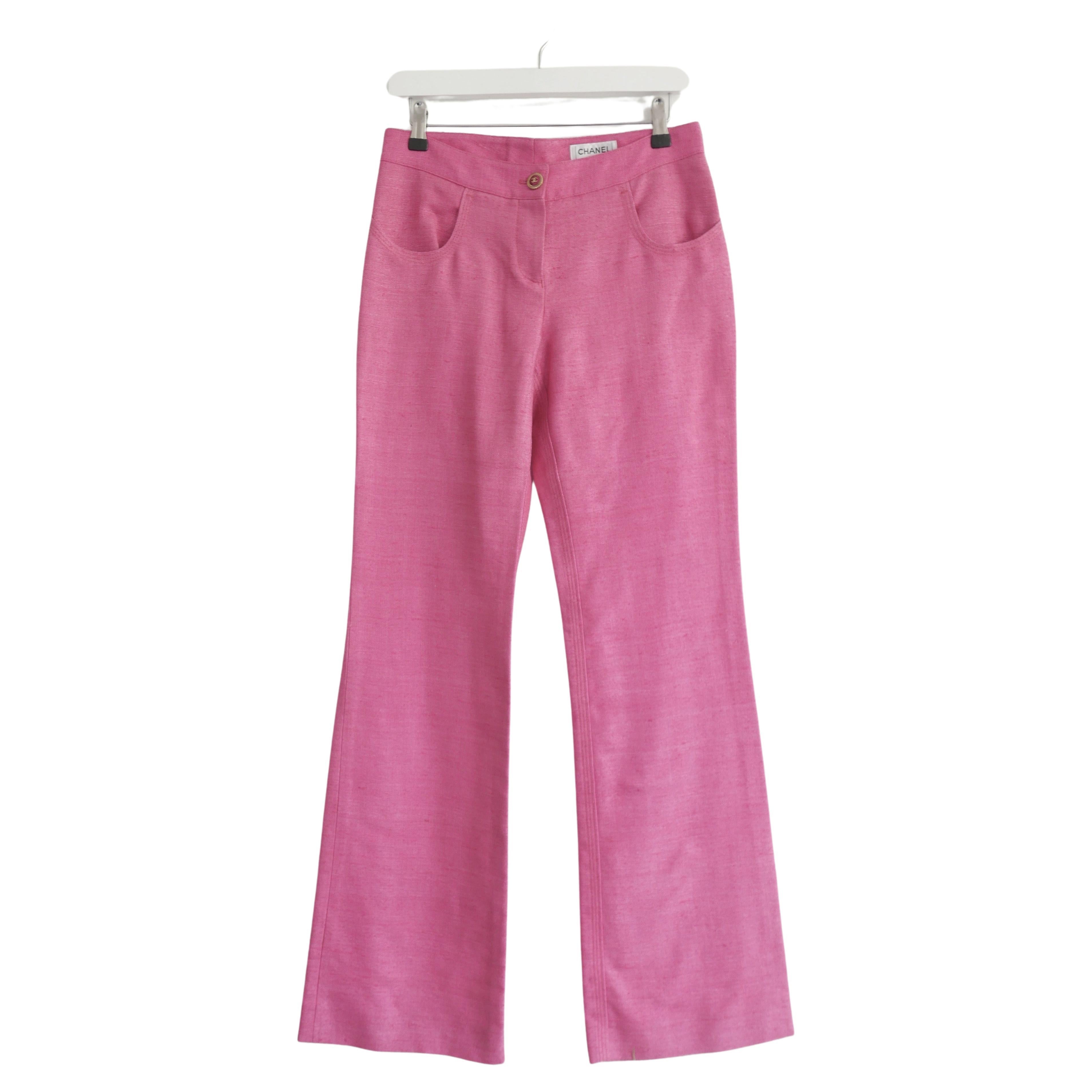 Chanel Spring 2007 Pink Slubbed Silk Flared Trousers For Sale