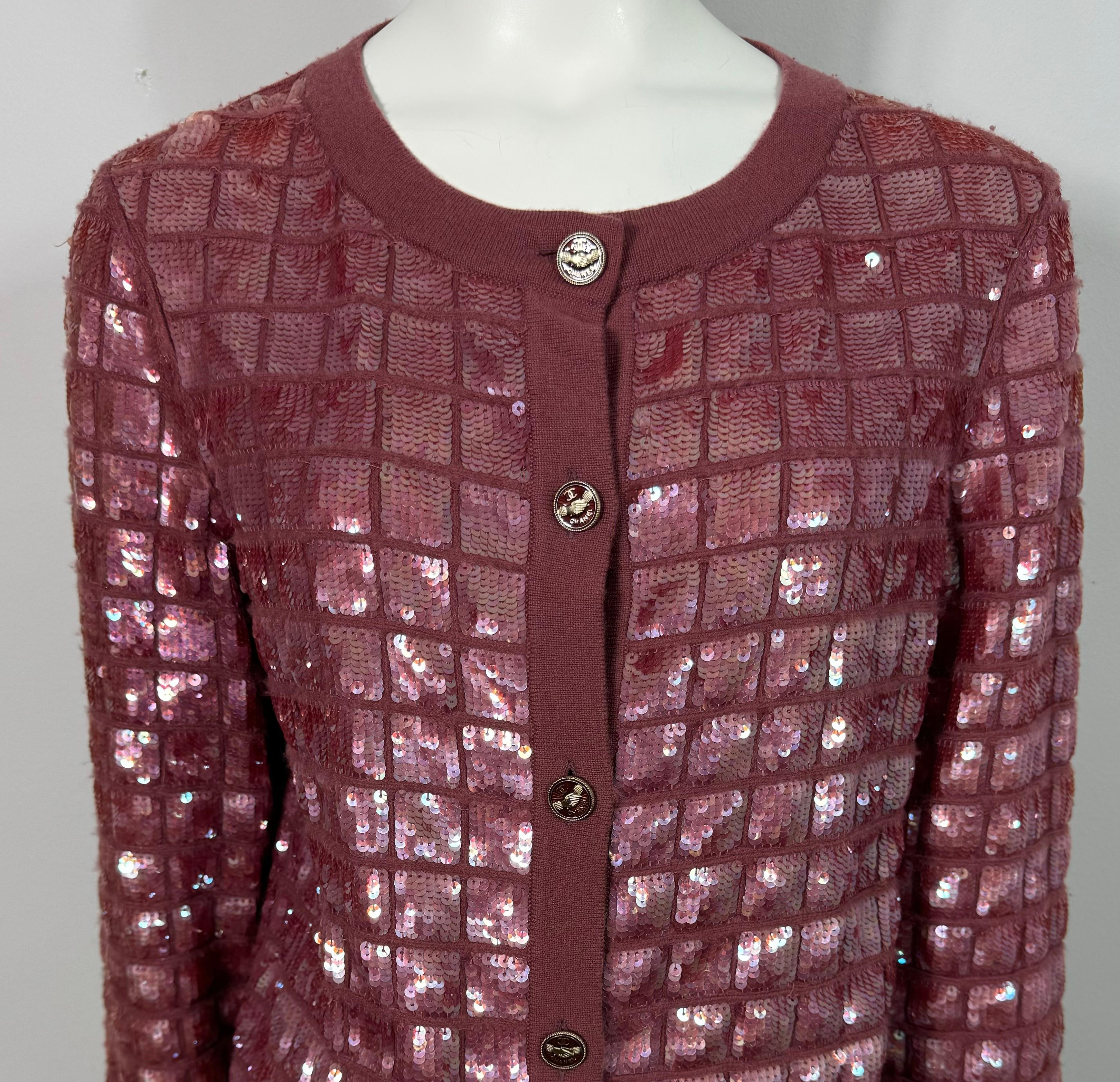 Chanel Spring 2008 Mauve Sequin Embellished Cashmere Cardigan-Size 40 In Excellent Condition For Sale In West Palm Beach, FL