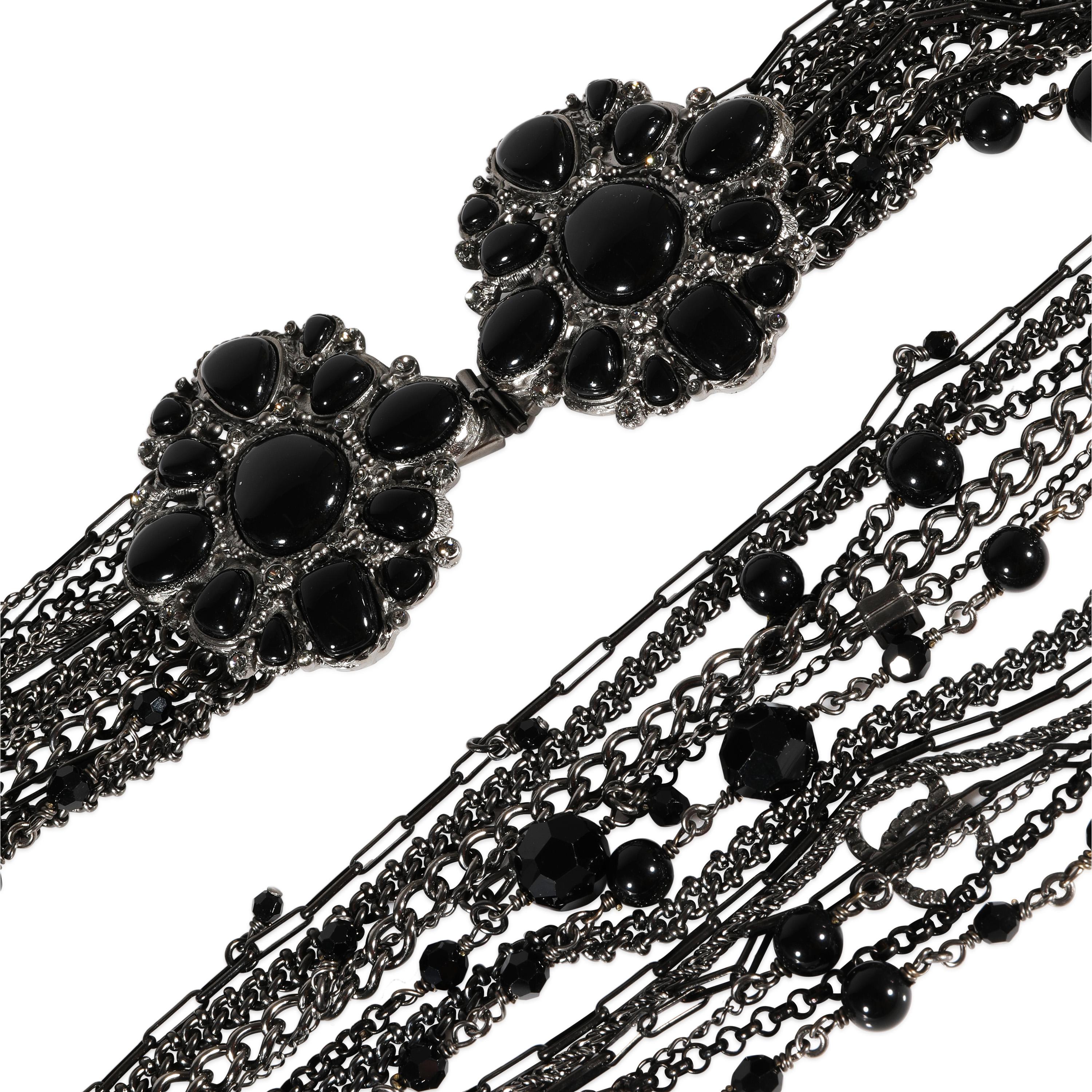 Chanel Spring 2009 Double Brooch Chain with Black Gripox & Strass In Excellent Condition In New York, NY