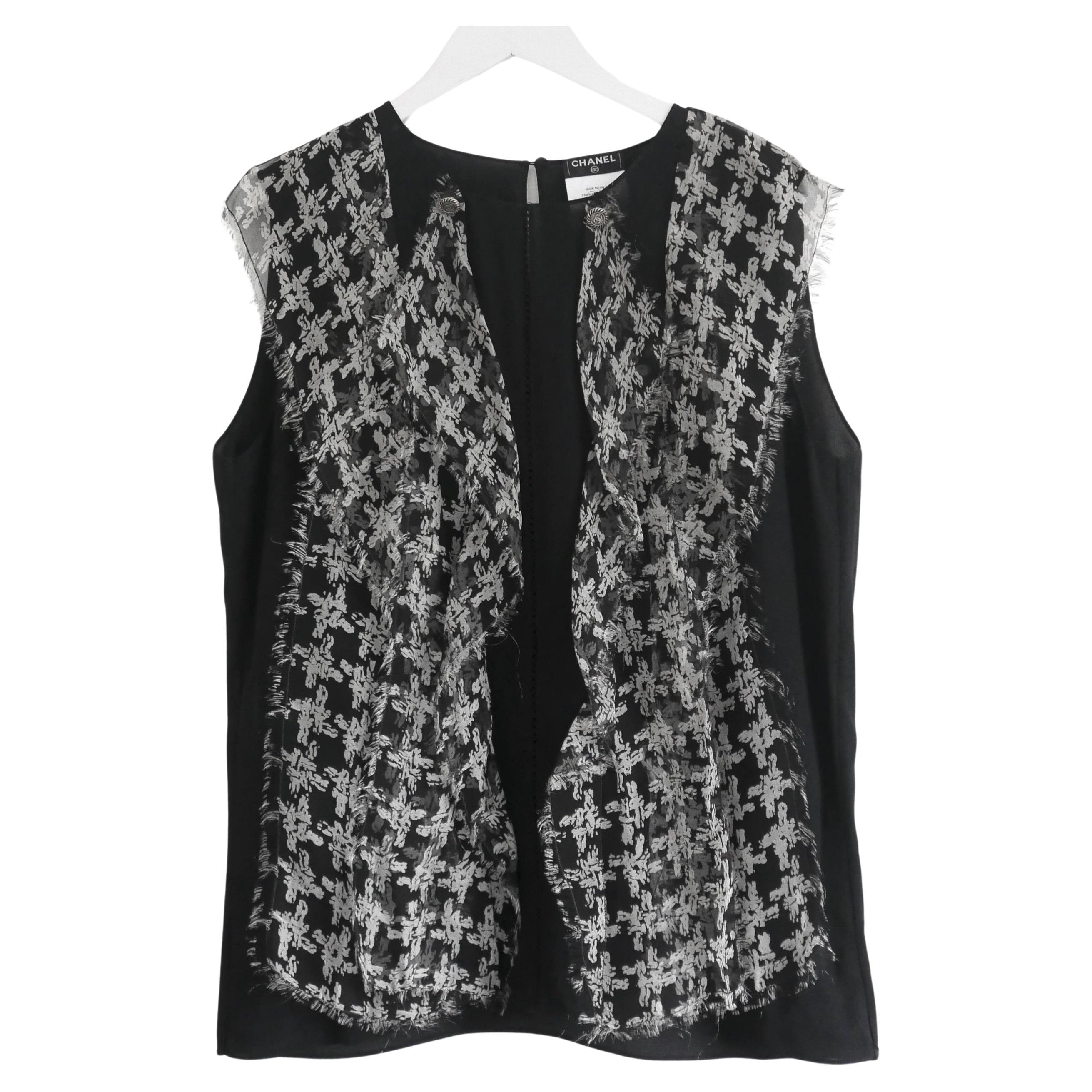 Chanel Spring 2010 Houndstooth Silk Frilled Blouse For Sale