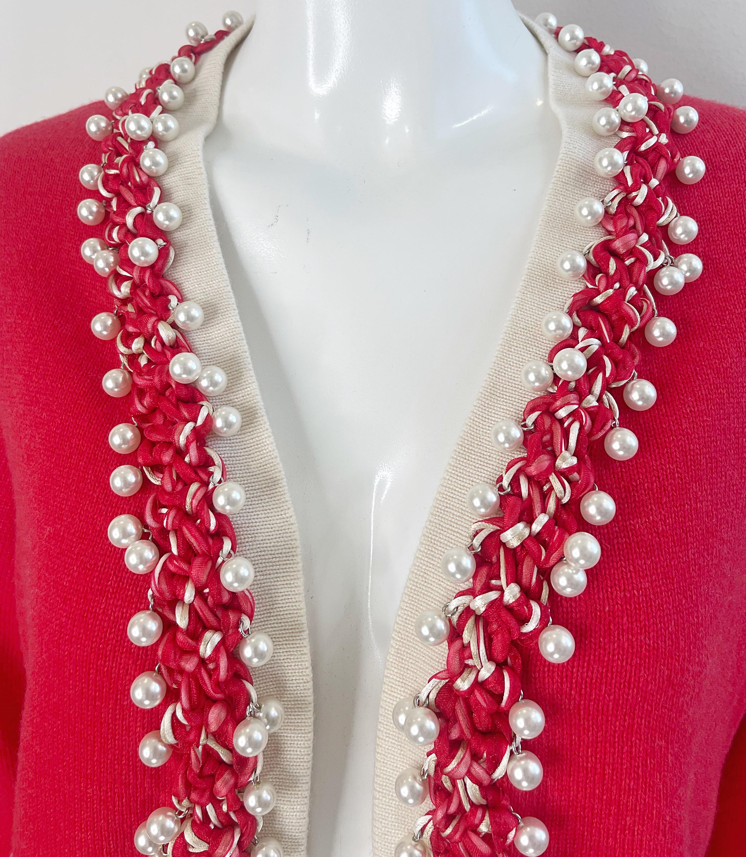 Chanel Spring 2010 Size 46 / 12 Red Cashmere Pearl Encrusted Cardigan Sweater 6