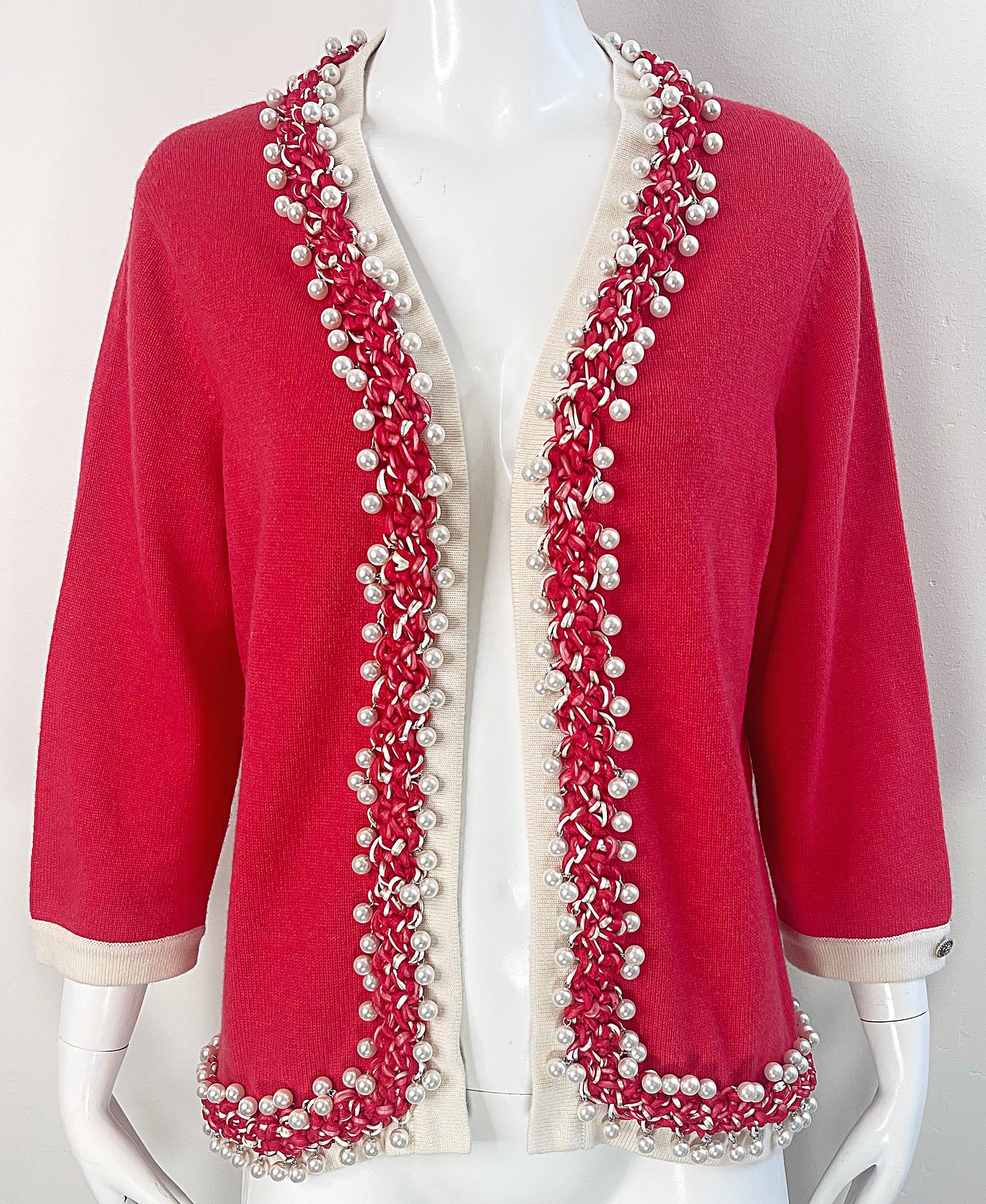 Chanel Spring 2010 Size 46 / 12 Red Cashmere Pearl Encrusted Cardigan Sweater 7
