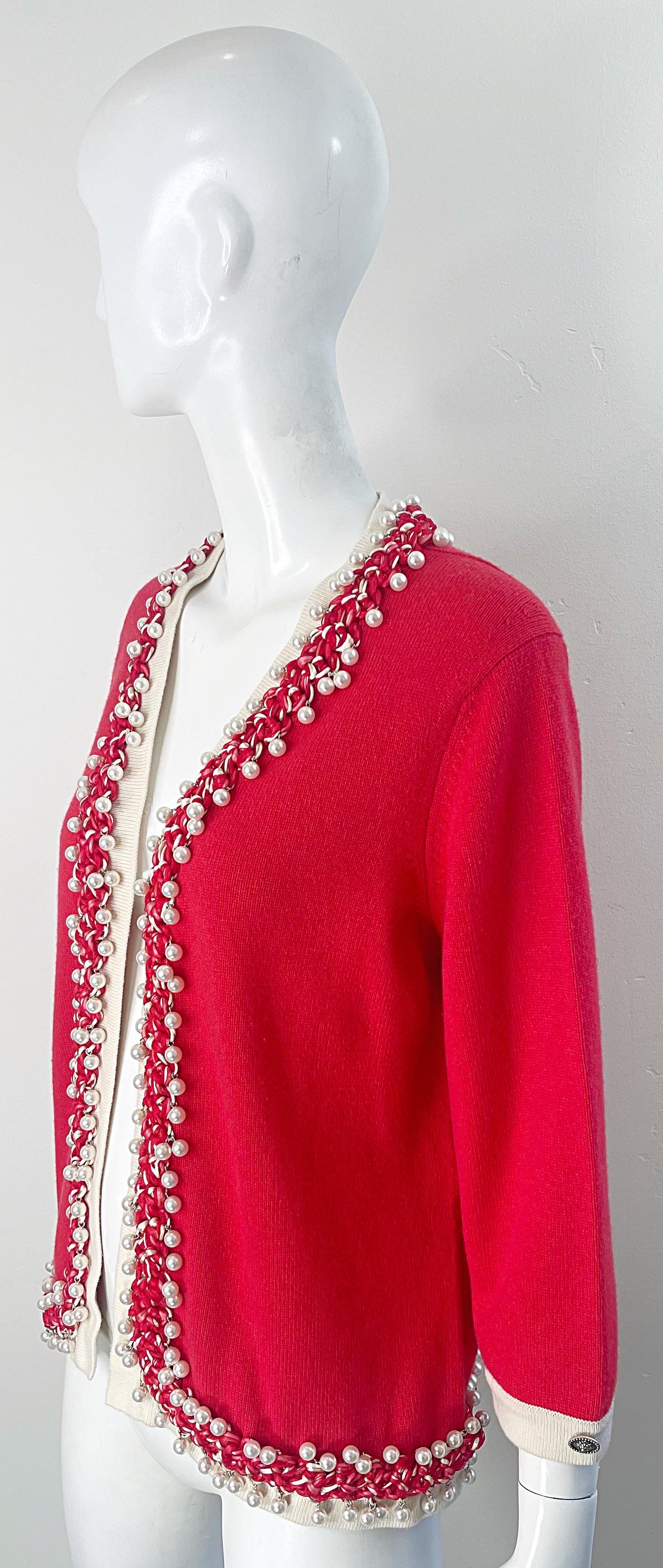 Chanel Spring 2010 Size 46 / 12 Red Cashmere Pearl Encrusted Cardigan Sweater 8
