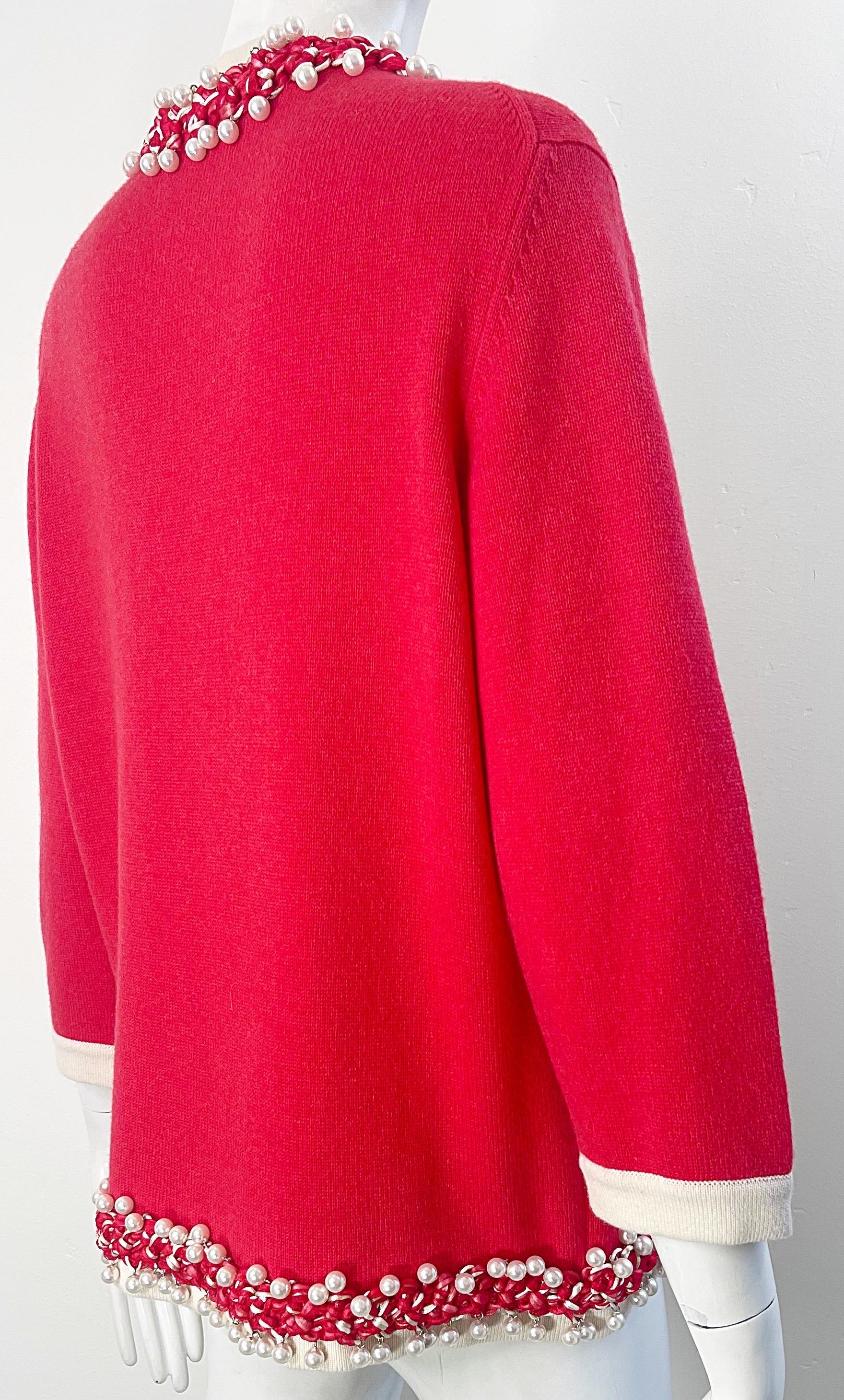 Chanel Spring 2010 Size 46 / 12 Red Cashmere Pearl Encrusted Cardigan Sweater 9