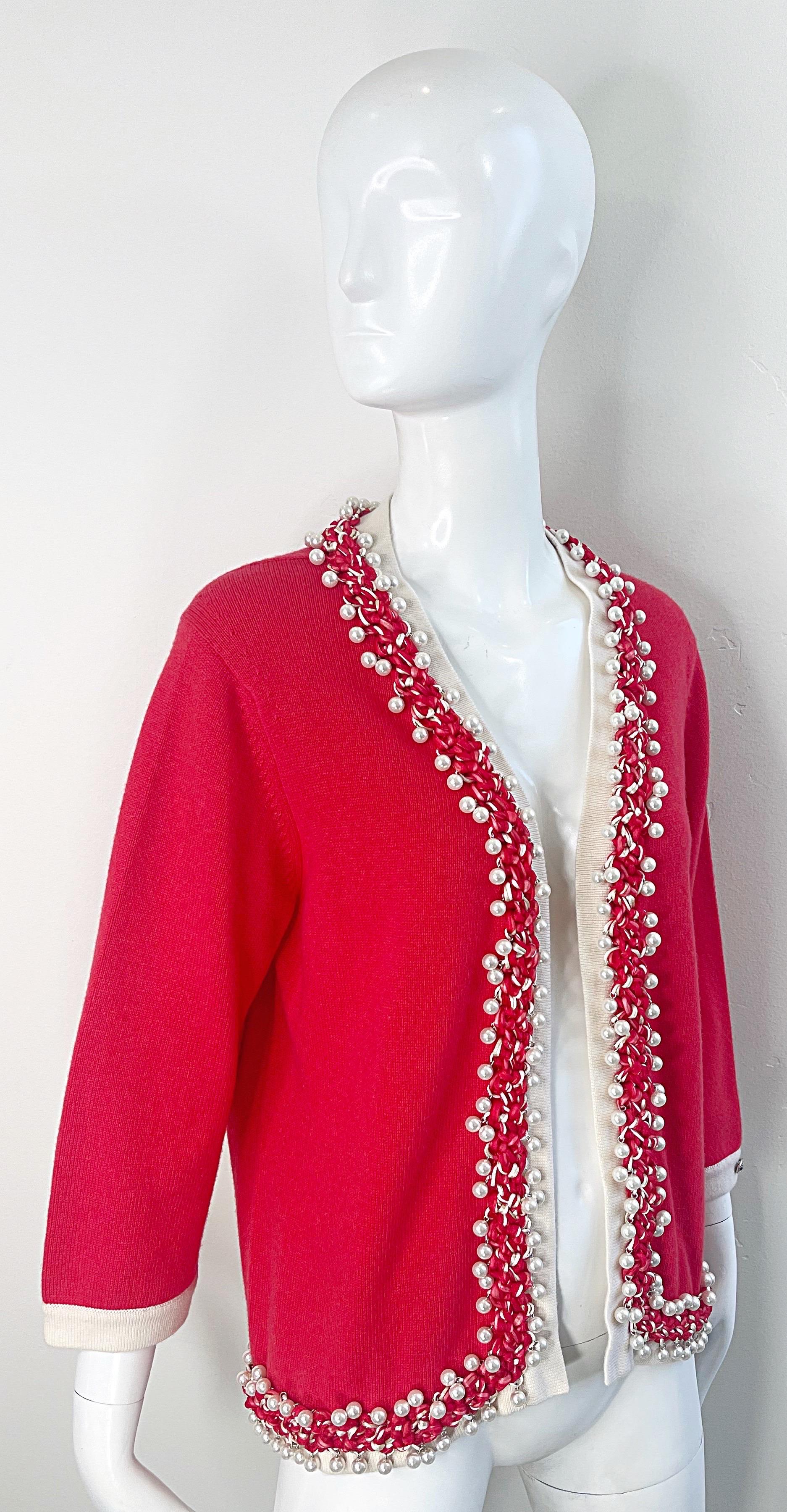 Chanel Spring 2010 Size 46 / 12 Red Cashmere Pearl Encrusted Cardigan Sweater 10
