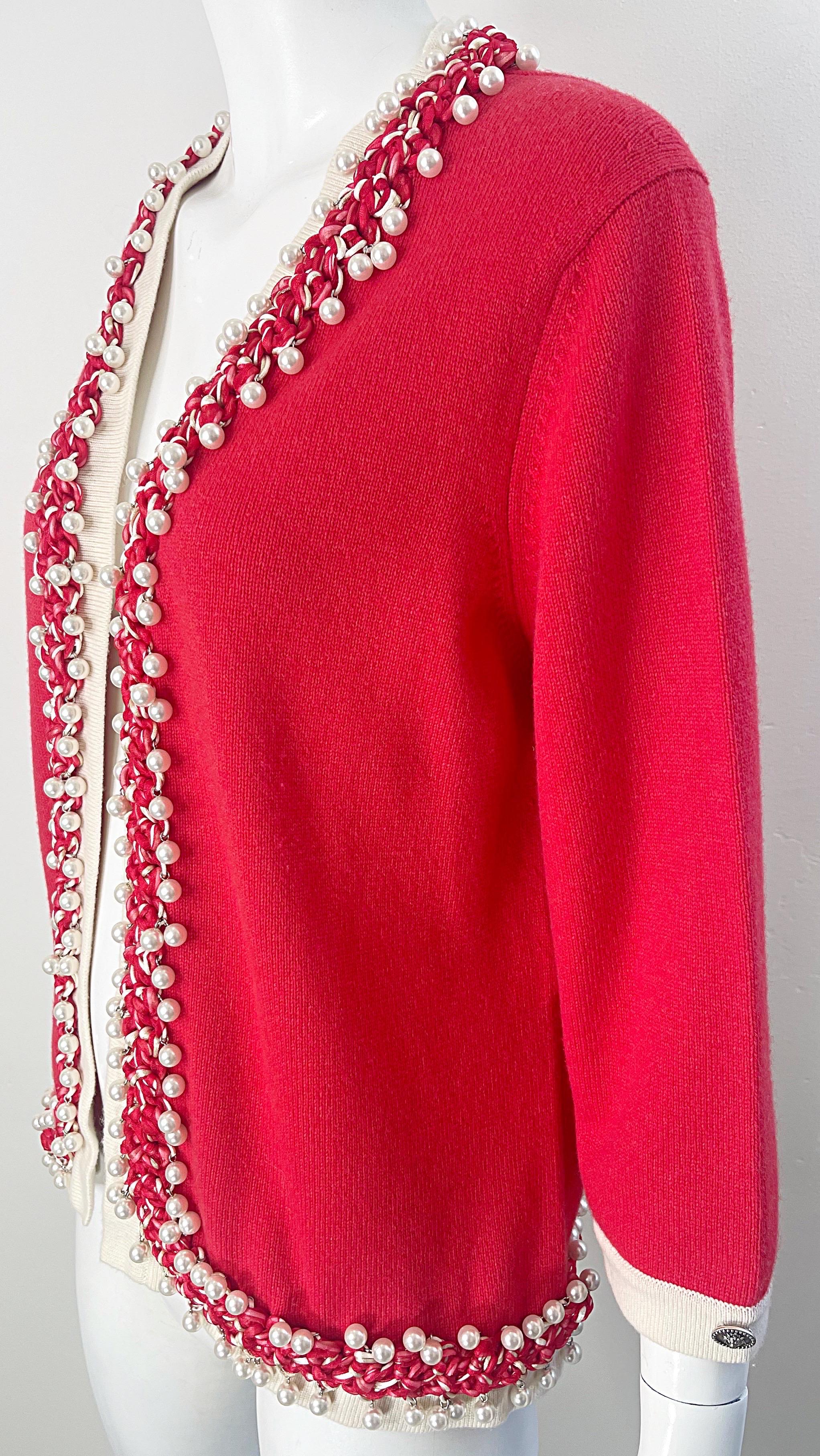 Chanel Spring 2010 Size 46 / 12 Red Cashmere Pearl Encrusted Cardigan Sweater 11