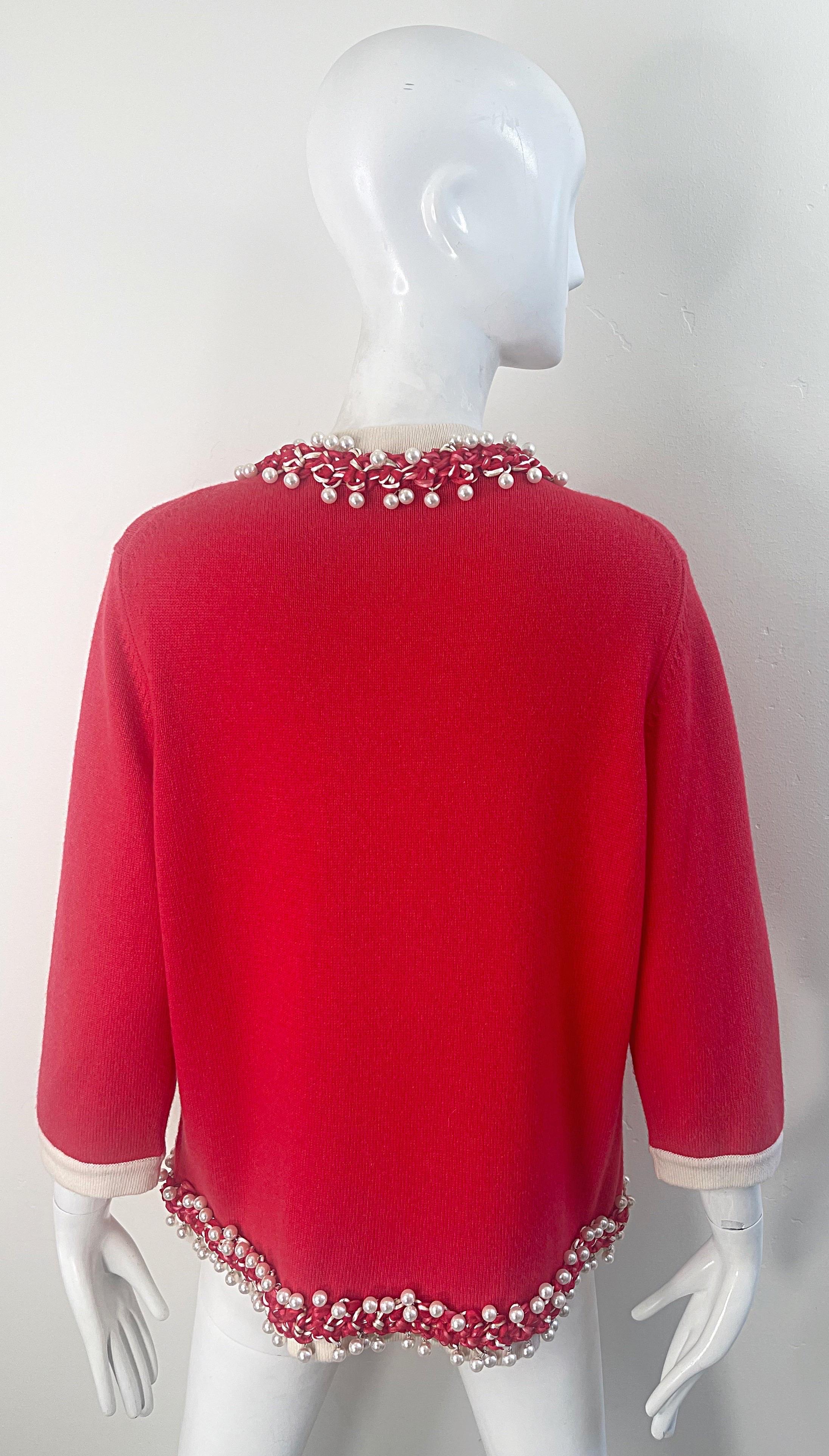 Chanel Spring 2010 Size 46 / 12 Red Cashmere Pearl Encrusted Cardigan Sweater 12