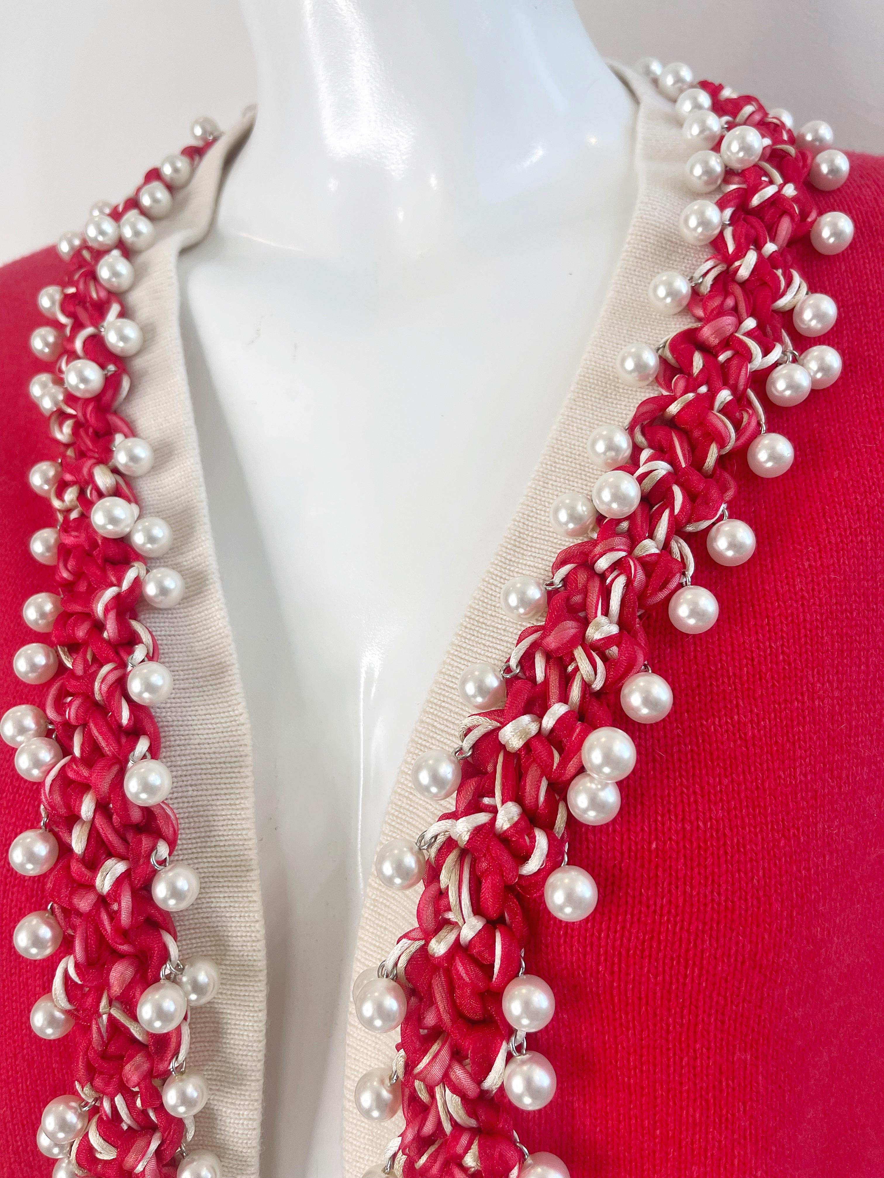Chanel Spring 2010 Size 46 / 12 Red Cashmere Pearl Encrusted Cardigan Sweater 13
