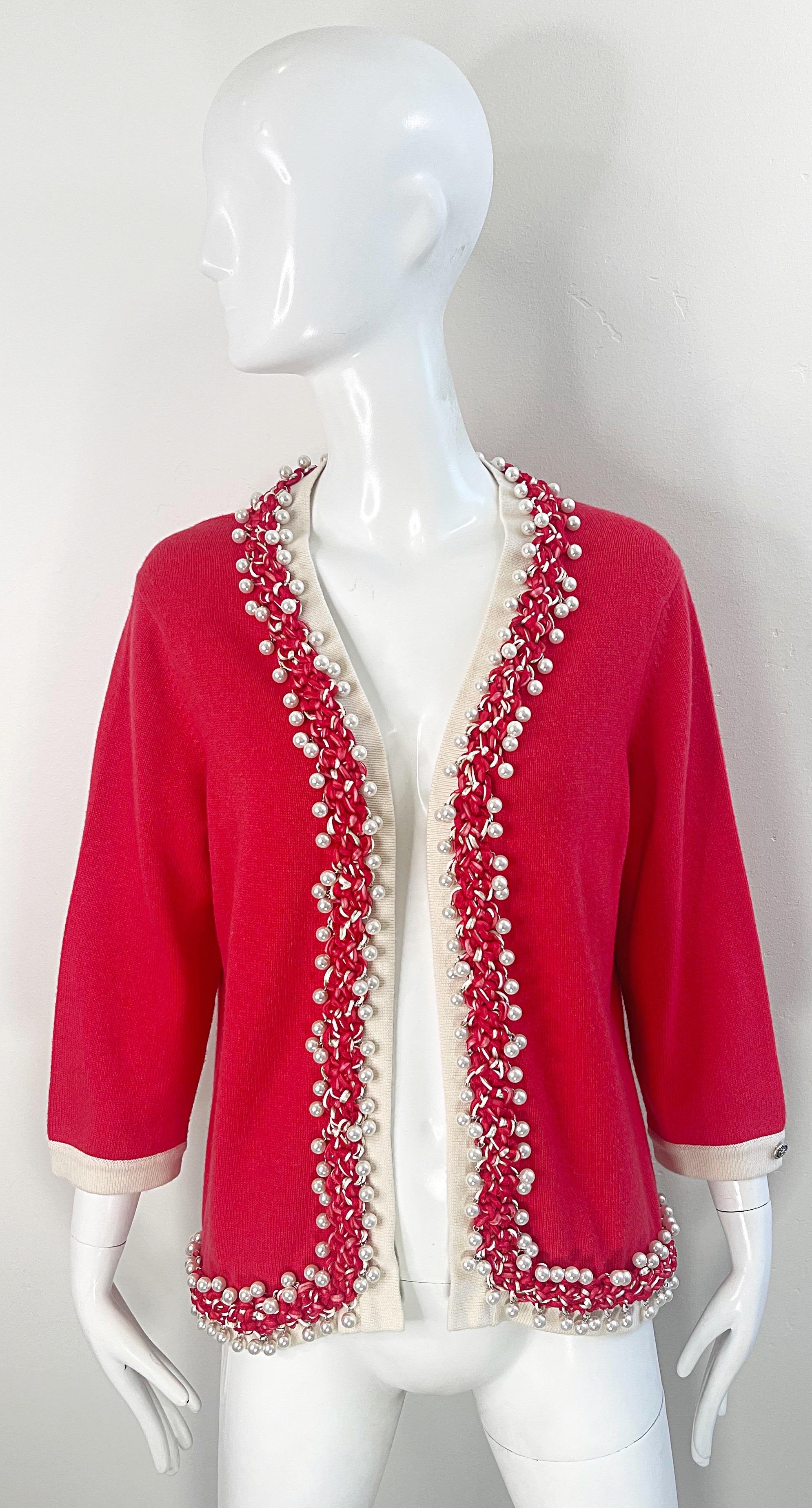 Chanel Spring 2010 Size 46 / 12 Red Cashmere Pearl Encrusted Cardigan Sweater 14