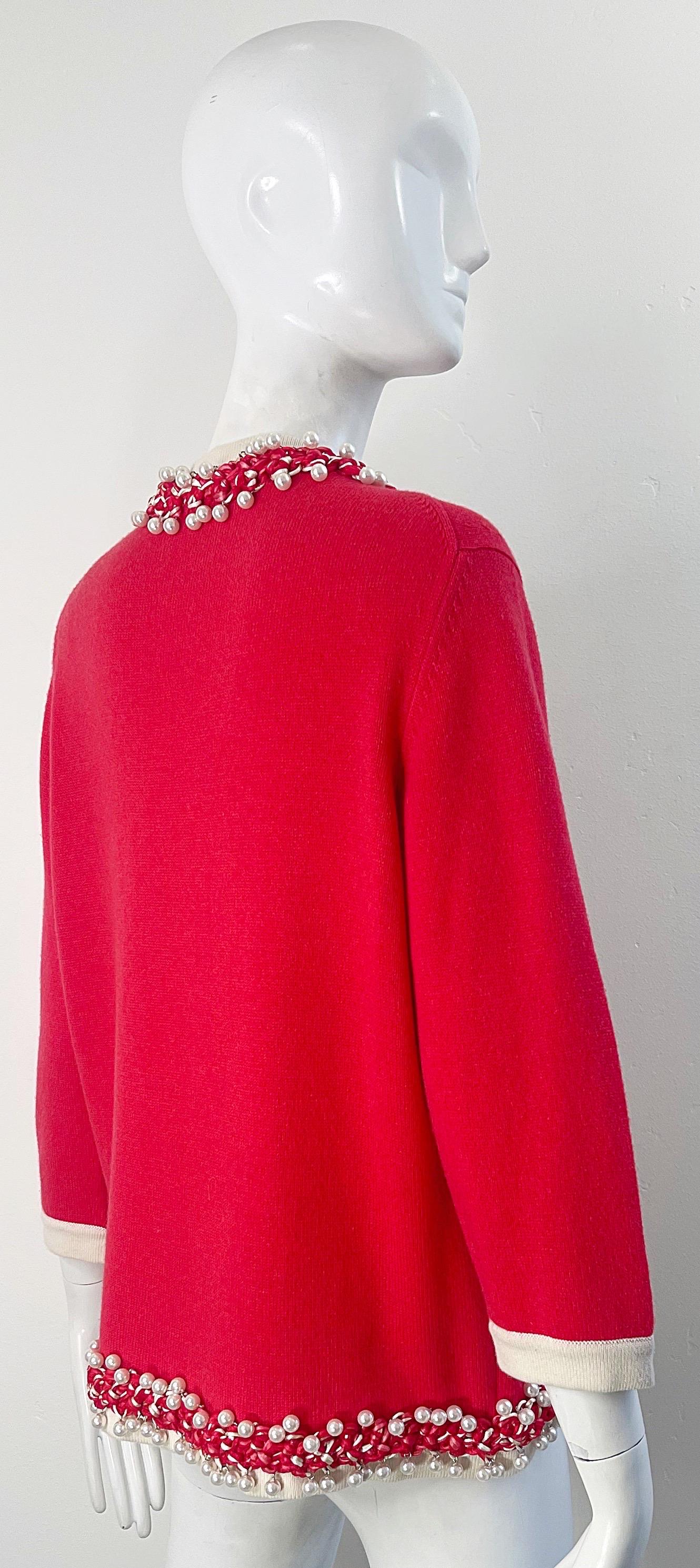 Chanel Spring 2010 Size 46 / 12 Red Cashmere Pearl Encrusted Cardigan Sweater 2