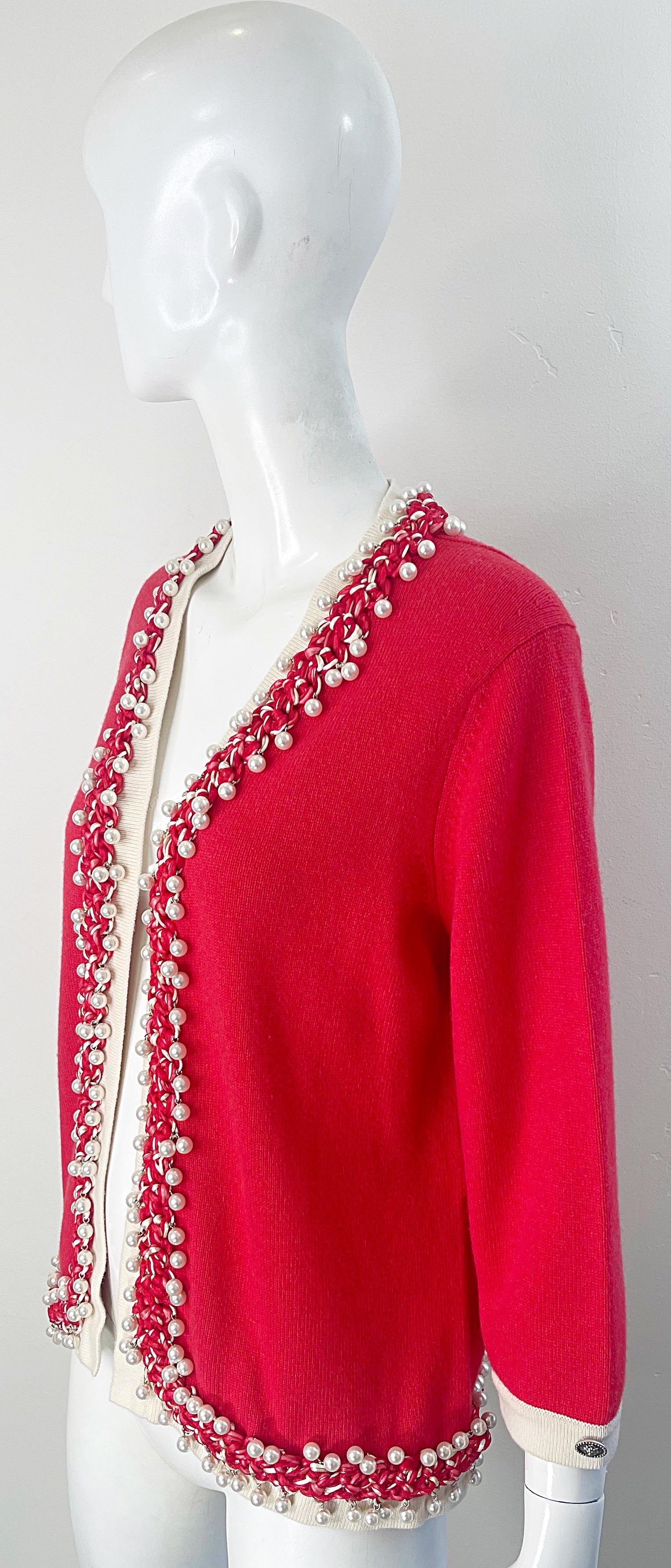 Chanel Spring 2010 Size 46 / 12 Red Cashmere Pearl Encrusted Cardigan Sweater 3