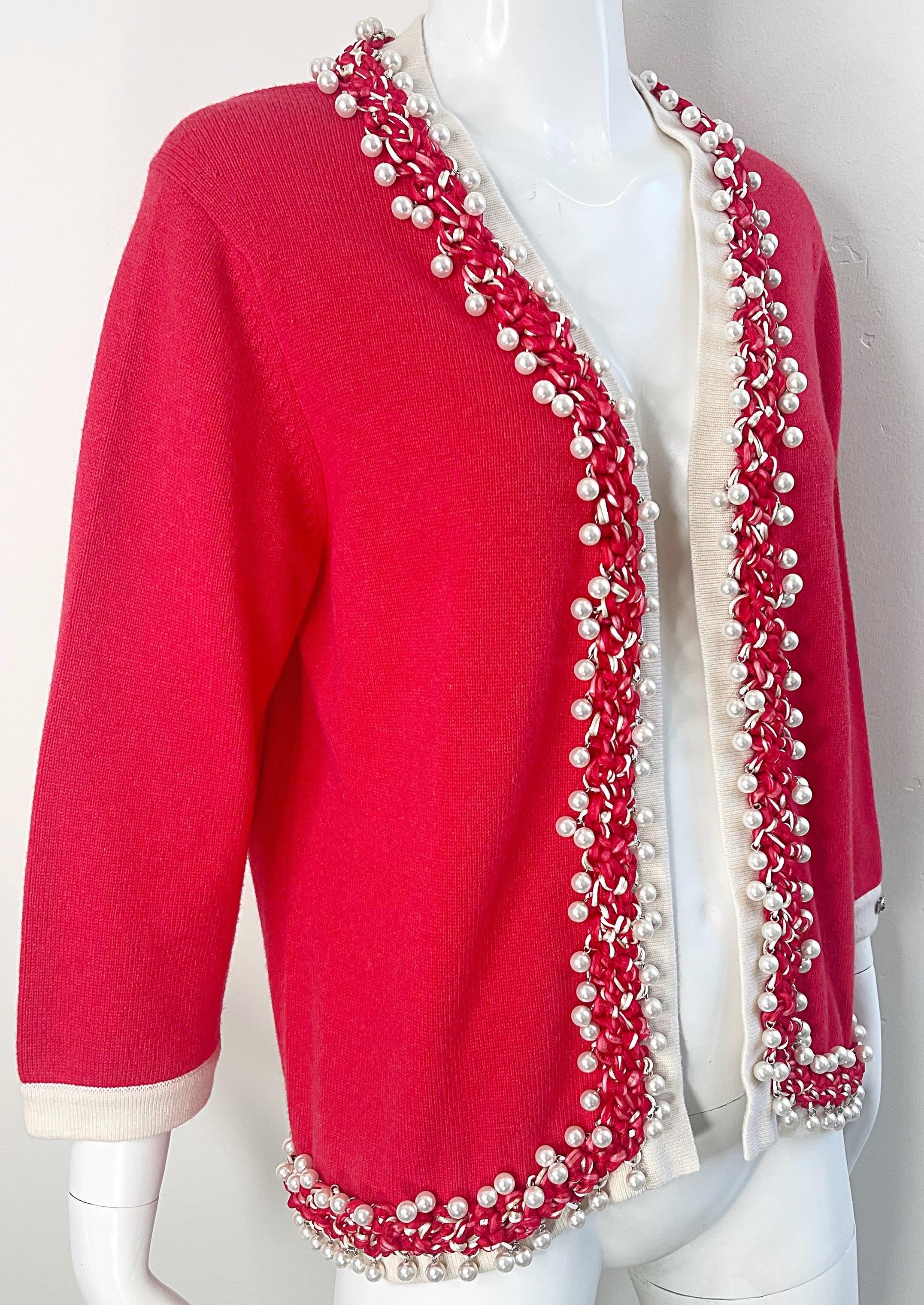 Chanel Spring 2010 Size 46 / 12 Red Cashmere Pearl Encrusted Cardigan Sweater 4
