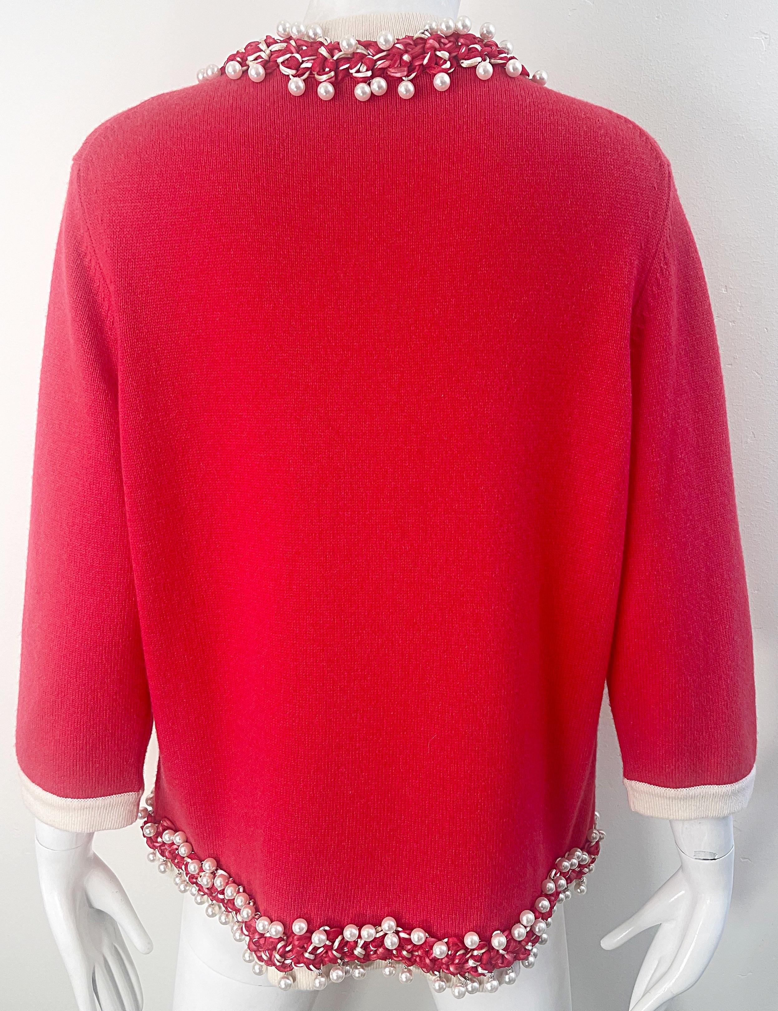 Chanel Spring 2010 Size 46 / 12 Red Cashmere Pearl Encrusted Cardigan Sweater 5