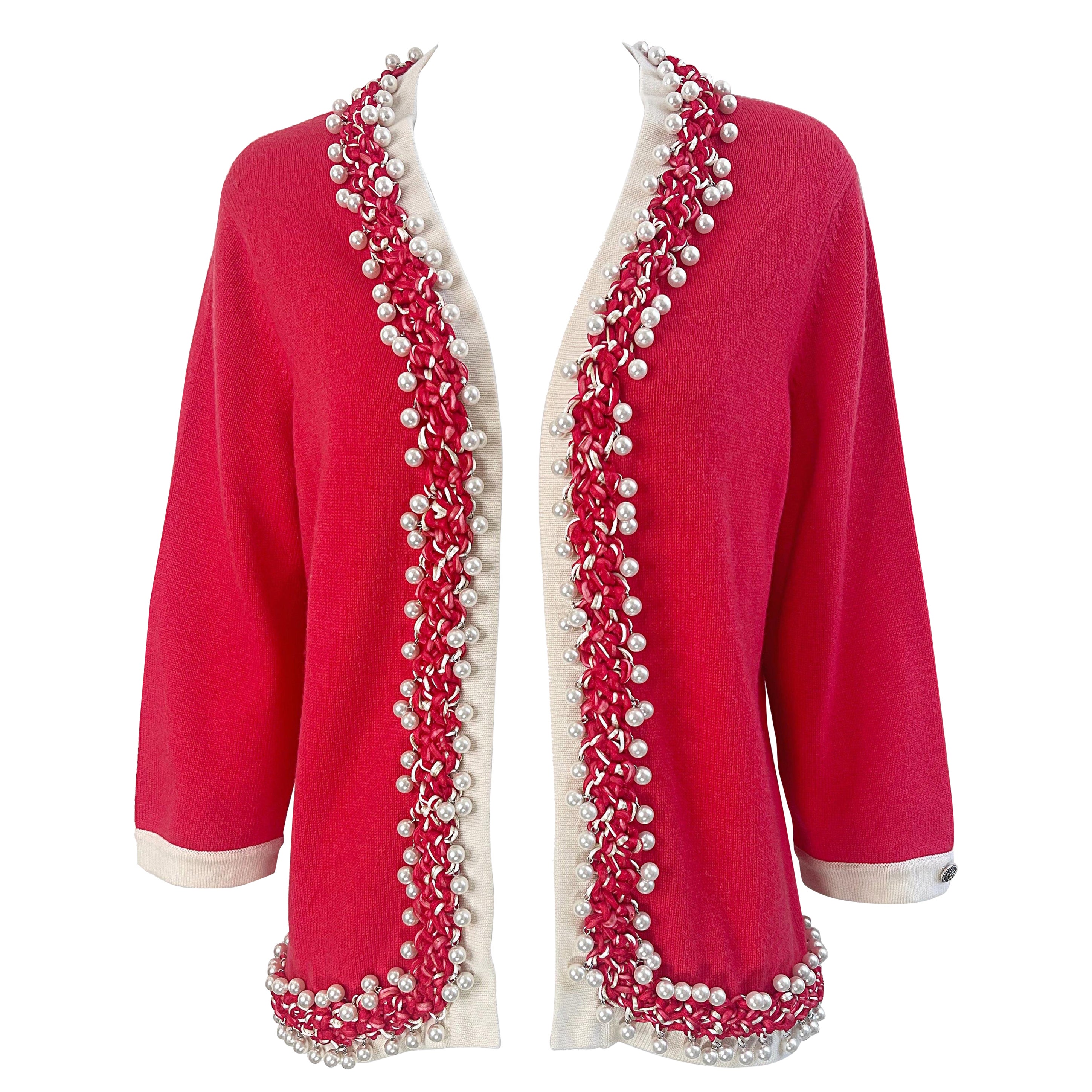 Chanel Spring 2010 Size 46 / 12 Red Cashmere Pearl Encrusted Cardigan Sweater