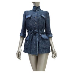Chanel Spring 2012 Blue Tweed Denim Belted Jacket Size FR 38
