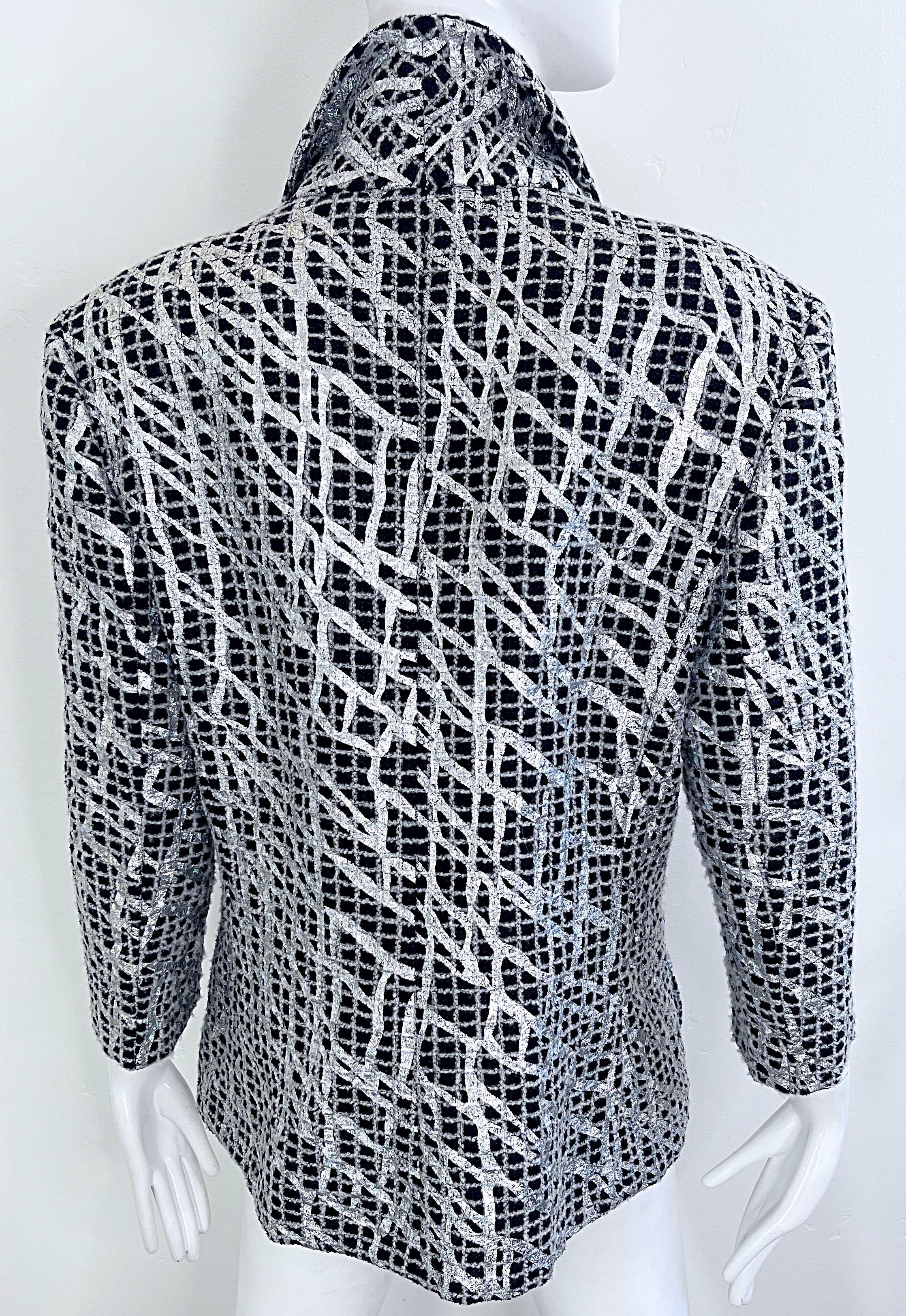 Chanel Spring 2012 Karl Lagerfeld Black White Silver Size 44 Hand Painted Blazer For Sale 13