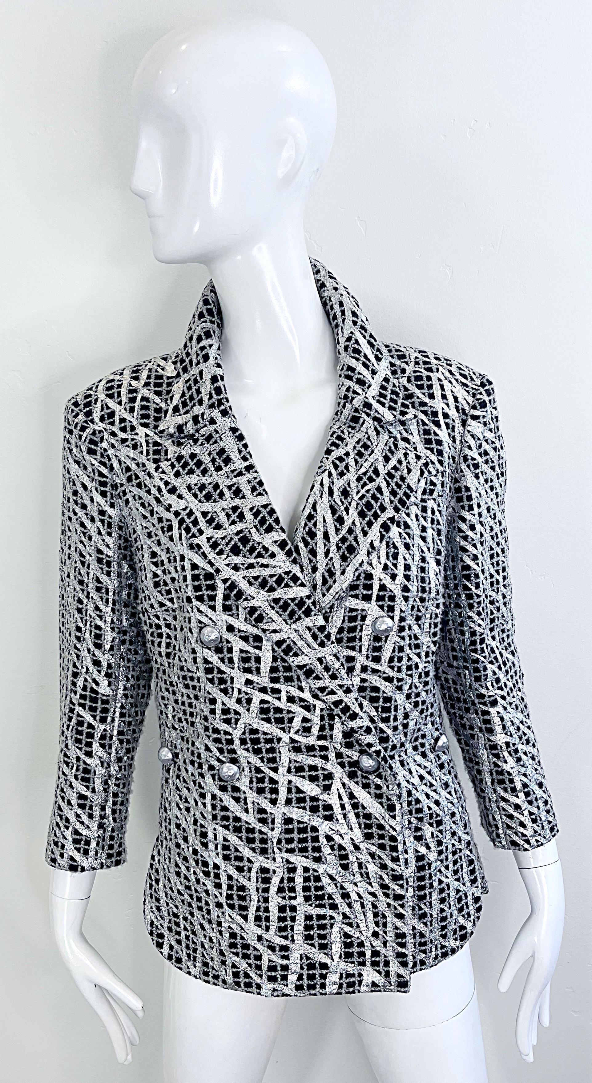 Chanel Spring 2012 Karl Lagerfeld Black White Silver Size 44 Hand Painted Blazer In Excellent Condition For Sale In San Diego, CA