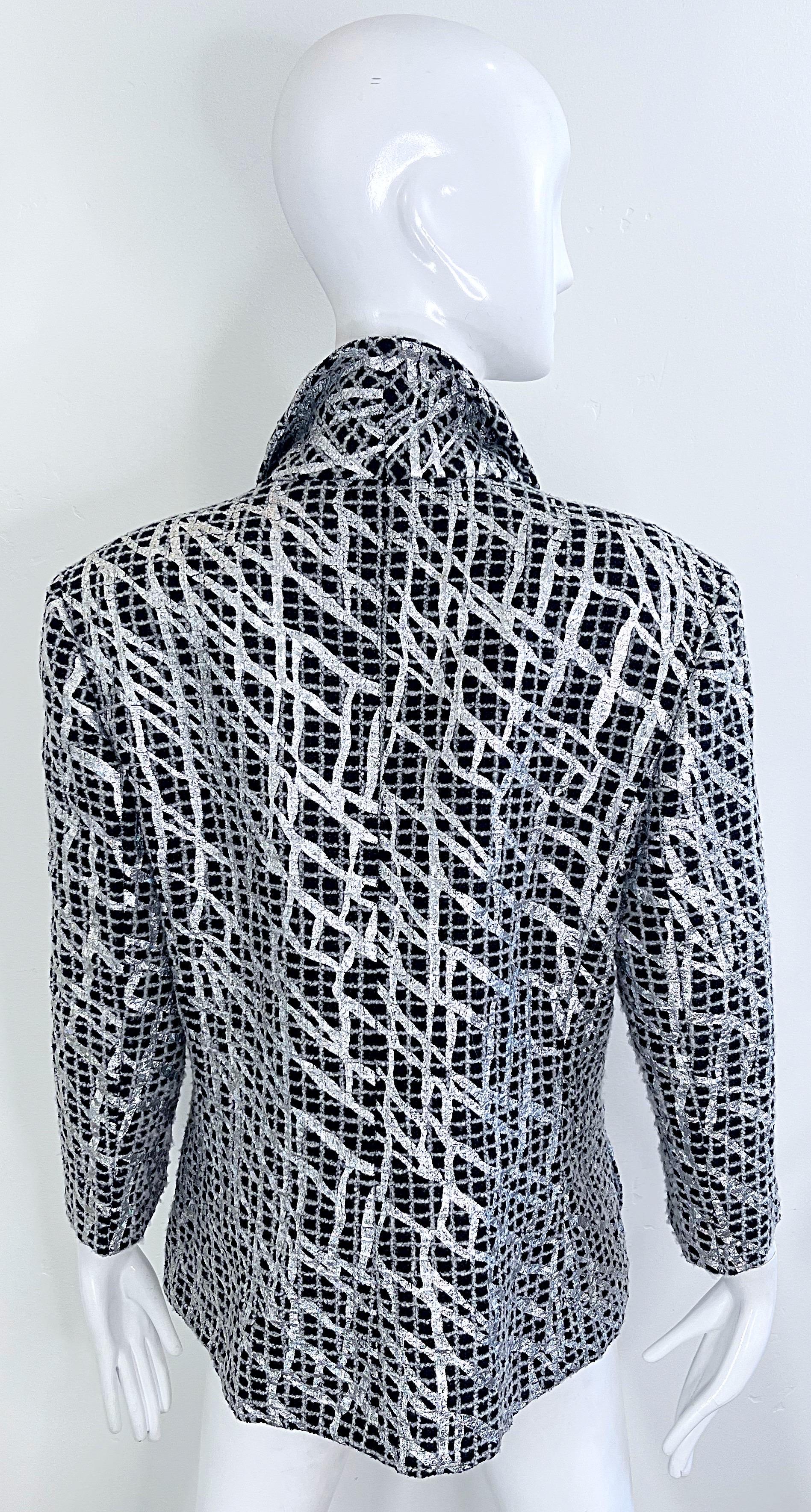 Chanel Spring 2012 Karl Lagerfeld Black White Silver Size 44 Hand Painted Blazer For Sale 3