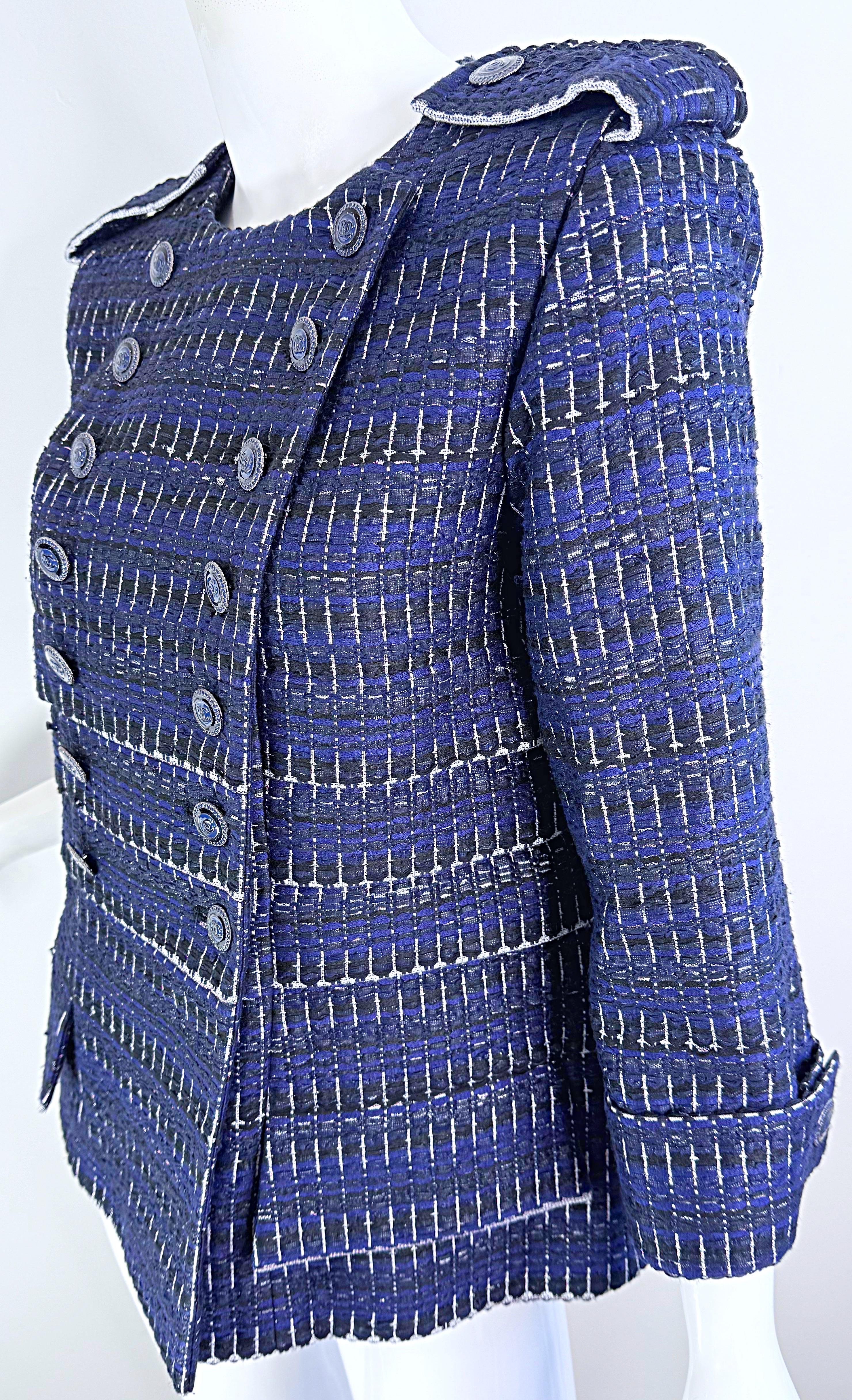 Chanel Spring 2016 Navy Blue Fantasy Tweed Size 42 Metallic Jacket For Sale 5