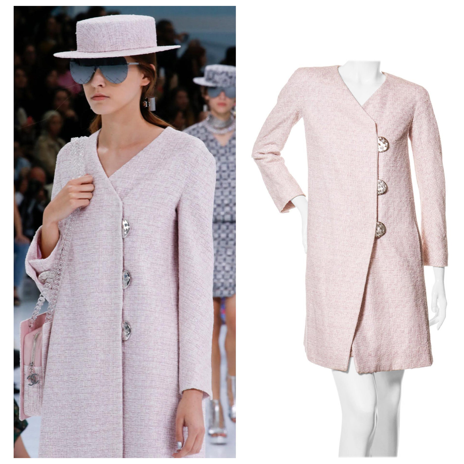 Chanel Primavera 2016 Conjunto de chaqueta y falda de tweed rosa con botones de cúpula plateados FR 34/36 en venta